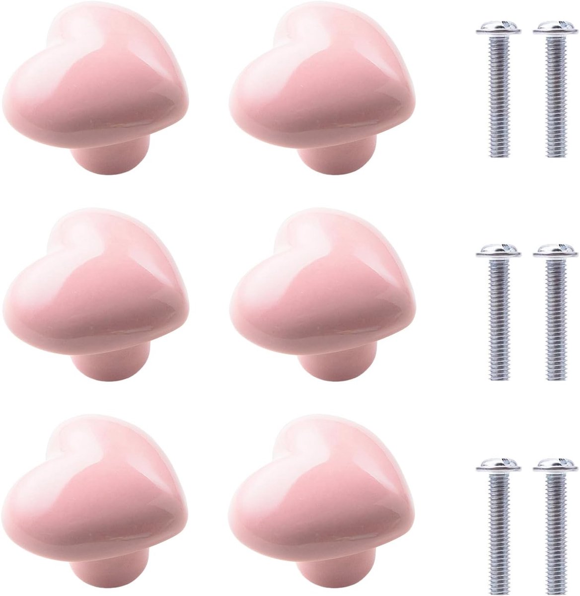 Set of 6 pink ceramic knobs - heart shape - with screws for drawers - cabinets - kitchen furniture - decorative handles - Image 1