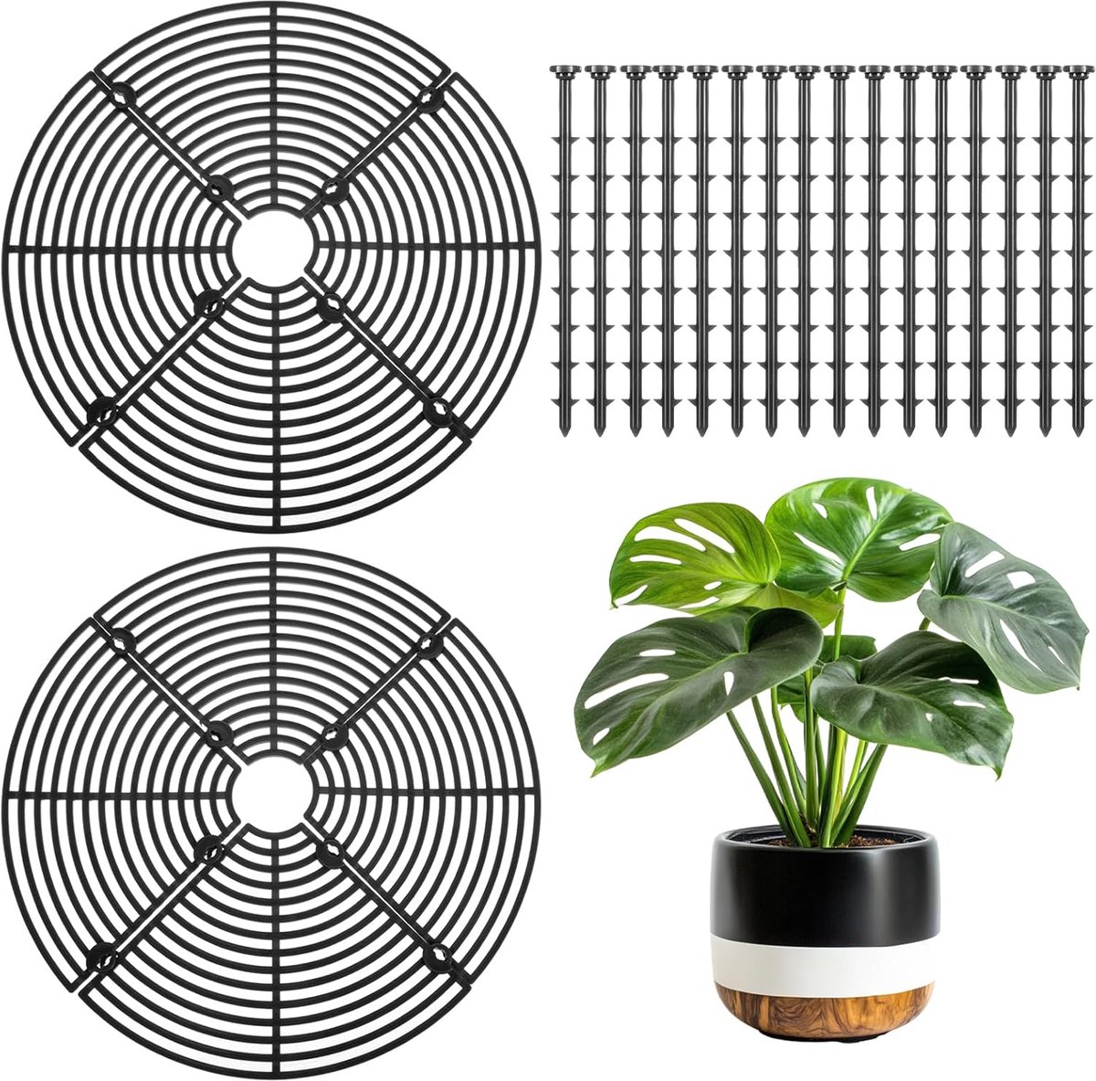 2 pieces - plant pot cover - 30 cm - Flowerpot grid - planter cover set - plantpot grid bottom protectors - with 16 posts - plant covers - for indoor and outdoor gardening - plant protectors - keeps cats and squirrels out of the flowerpot - black - Image 1