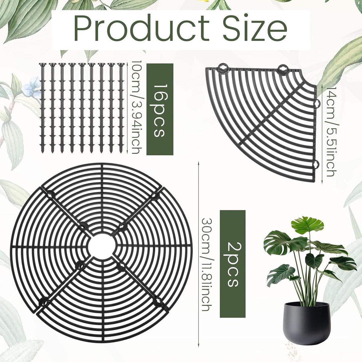 2 pieces - plant pot cover - 30 cm - Flowerpot grid - planter cover set - plantpot grid bottom protectors - with 16 posts - plant covers - for indoor and outdoor gardening - plant protectors - keeps cats and squirrels out of the flowerpot - black - Image 5