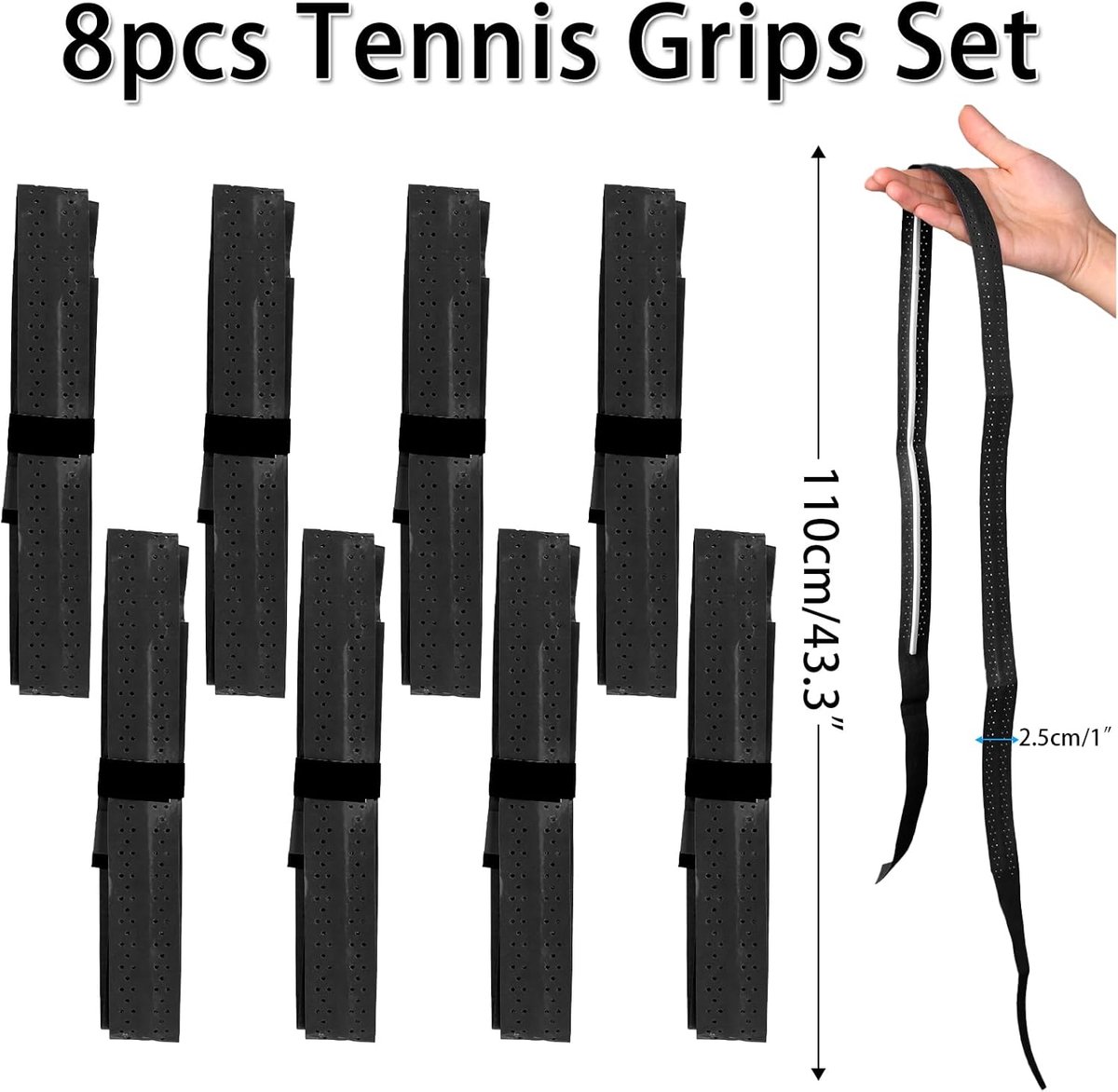 8 pieces - Racket grips - Racket Grip Tape - Badminton grip tape - Tennis racket grip tape - sports accessories - replacement grip - self-adhesive - for tennis rackets, badminton and more - 1100*25*0.6mm - black - Image 5