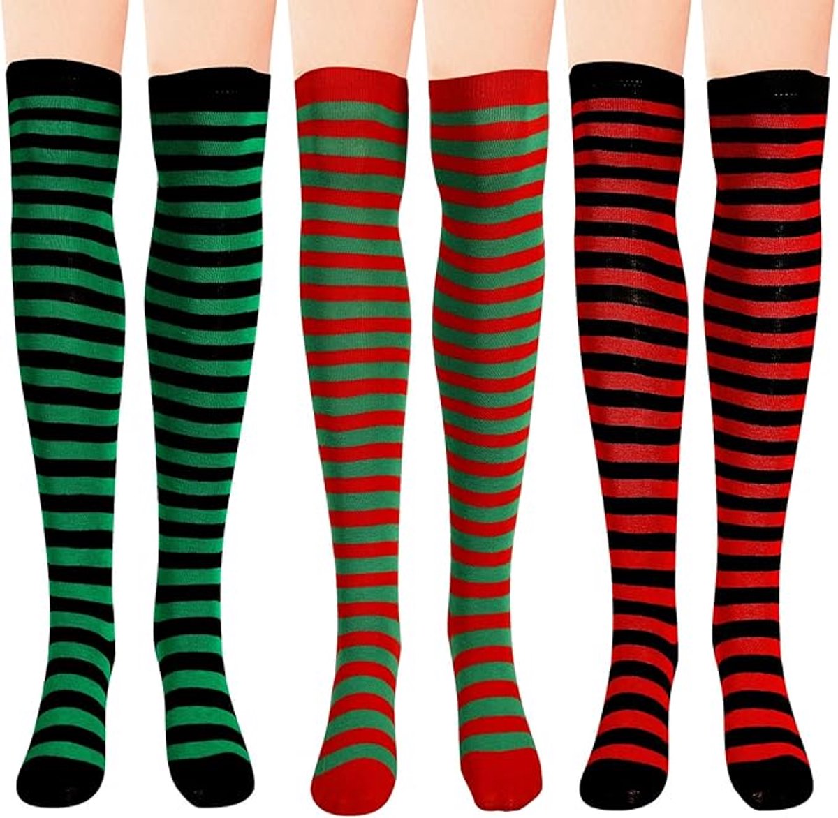 3 pairs - Socks - Christmas socks - knee socks - over-the-knee socks - long socks - high socks - elastic striped socks set - long striped Christmas socks - striped socks - sports socks - festive Christmas accessories - for cosplay costume parties - Image 1