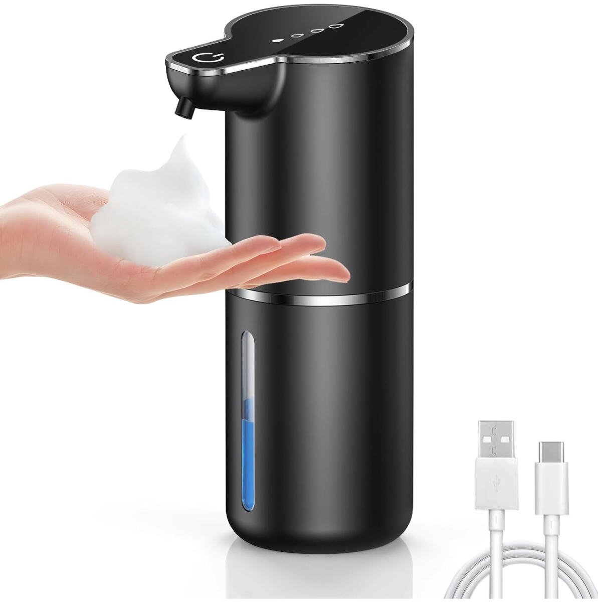 Soap Dispenser - Automatic Soap Dispenser - 350ml - Automatic Foam Soap Dispenser - Wall-Mounted Soap Dispenser - USB Rechargeable - 4 Adjustable Levels Soap Dispenser - For Bathroom and Kitchen - 19*11*7.5 cm - Black - Image 1