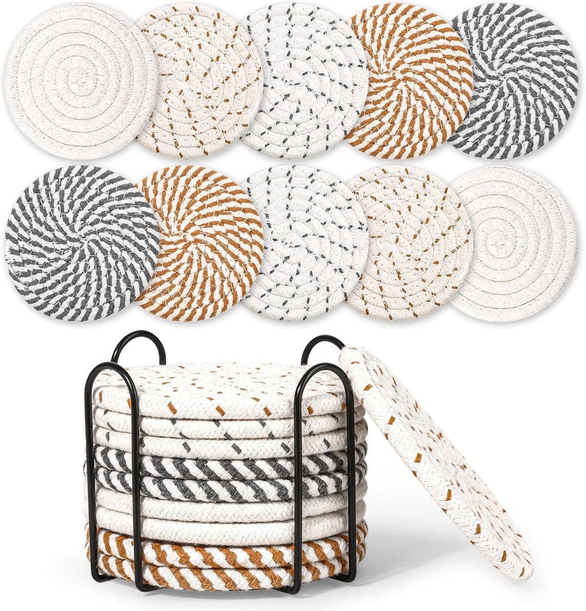 Set of 10 Round Coasters with Stand - Coaster Set - Thermal Insulation - Non-Slip Braided Cotton Coasters - Coasters for Glasses - for Glasses - For Drinks, Bar, Cups, Table Coasters - Image 1