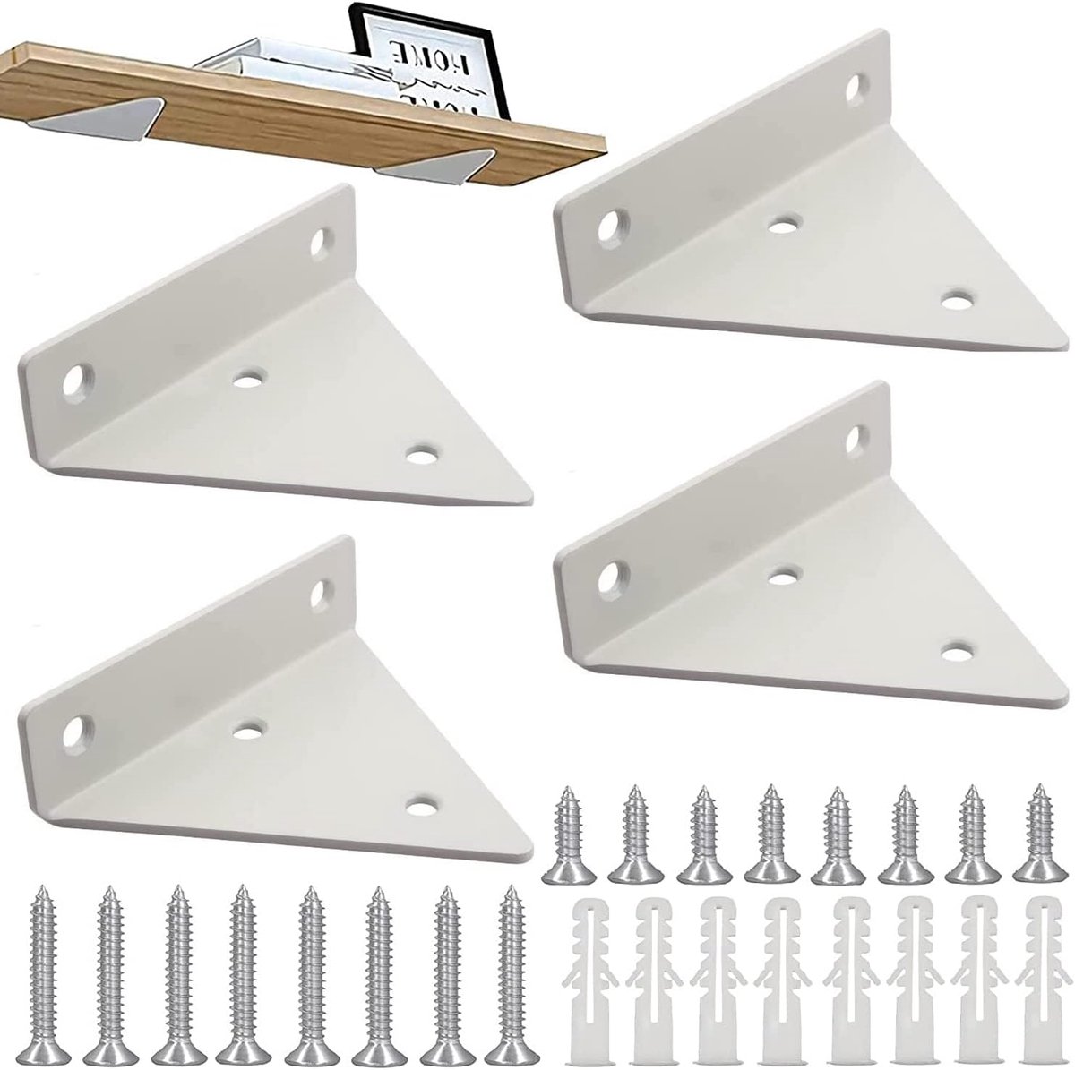 4 pieces - Shelf brackets - 10*8 cm - Wall-mounted floating bracket - Concealed shelf bracket - metal shelf brackets - triangular shelf bracket - with screws - invisible shelf bracket - for living room, bathroom and bedroom decor - white - Image 1