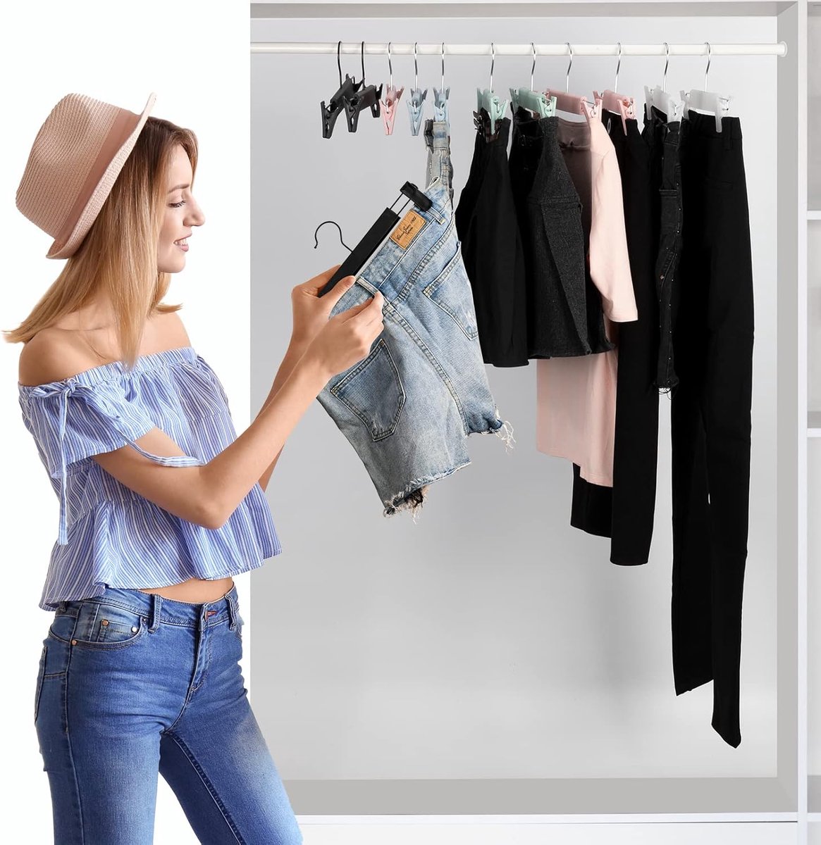 Clothes Hangers - 10 Pieces - Trouser Hangers - Trouser Hangers with Clips - Garment Hangers - Skirt Hangers - Non-Slip Hanger with Clips - Clothes Rack/Coat Rack/Jacket/Trouser Hanger - Space-Saving - Adjustable Clip Hangers, Garment Jacket Clothing Jean - Image 4