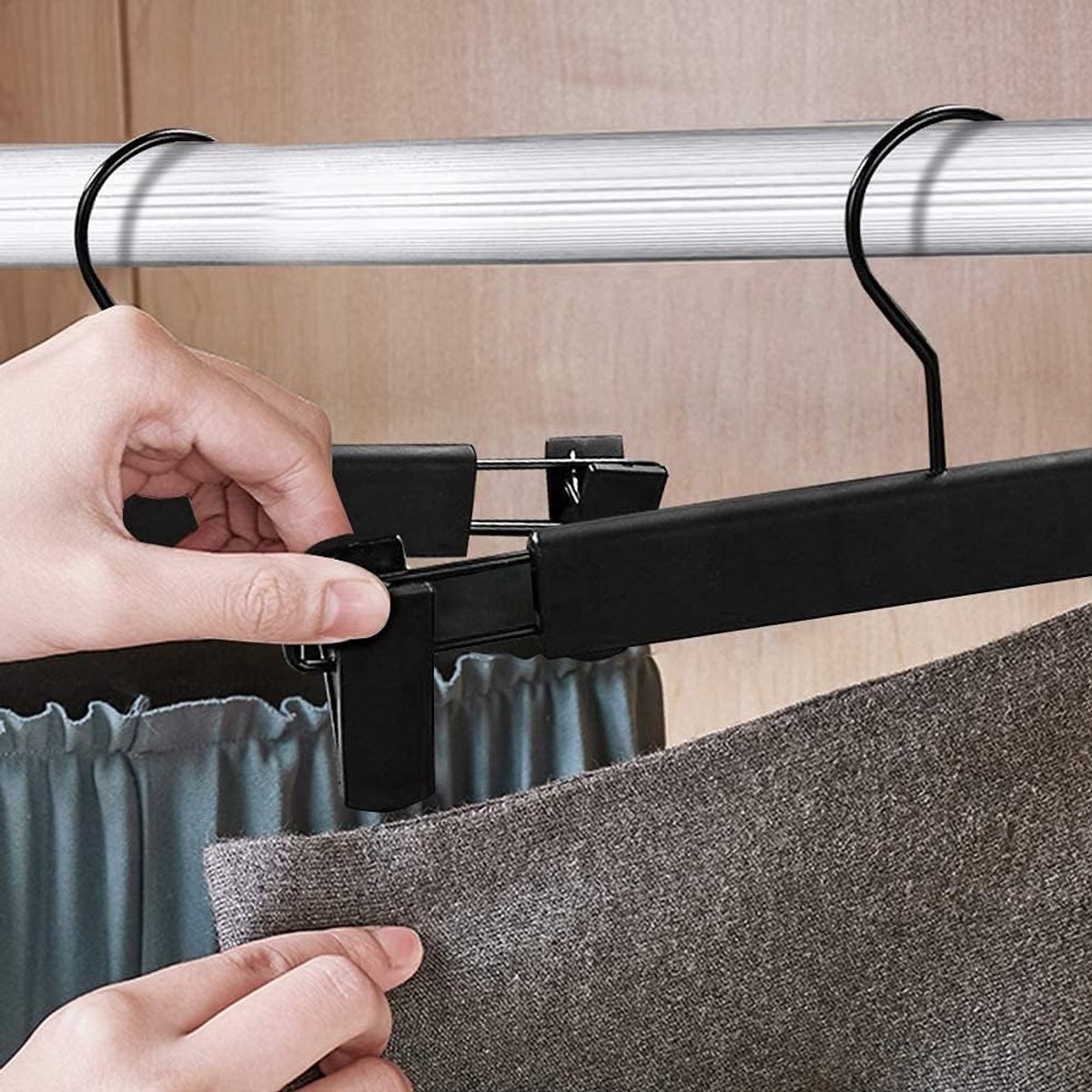 Clothes Hangers - 10 Pieces - Trouser Hangers - Trouser Hangers with Clips - Garment Hangers - Skirt Hangers - Non-Slip Hanger with Clips - Clothes Rack/Coat Rack/Jacket/Trouser Hanger - Space-Saving - Adjustable Clip Hangers, Garment Jacket Clothing Jean - Image 5