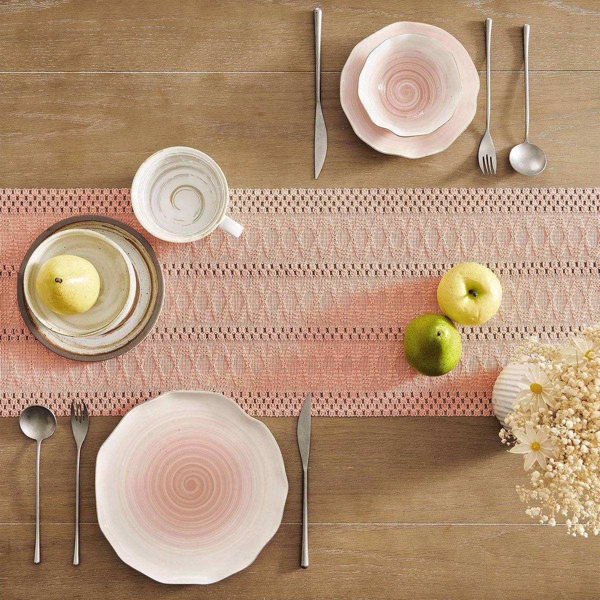 Table runner - tablecloth - Bohemian style table runner - pink table runner - with knotted tassel - farmhouse woven home decor - pink - 30*240 cm - Image 1