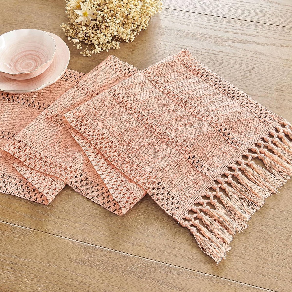 Table runner - tablecloth - Bohemian style table runner - pink table runner - with knotted tassel - farmhouse woven home decor - pink - 30*240 cm - Image 3