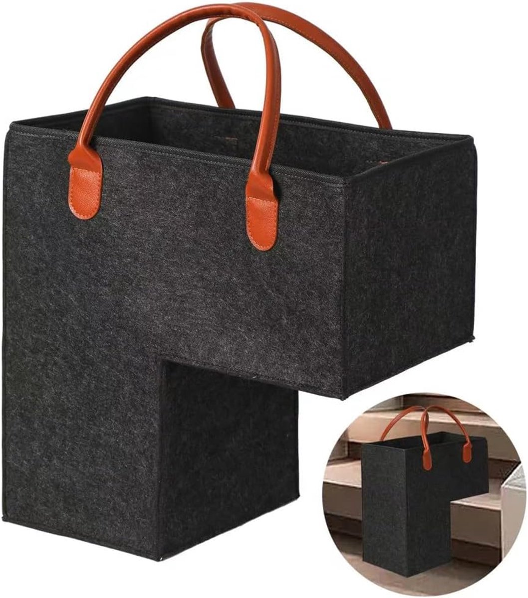Stair Organizer Basket - Stair Basket - L-shaped Foldable Stair Basket - Storage Bag - Felt Stair Basket - Laundry Basket - Toy Basket - Household Items - for Laundry, Toys - 42*42*25.5 cm - Black - Image 1
