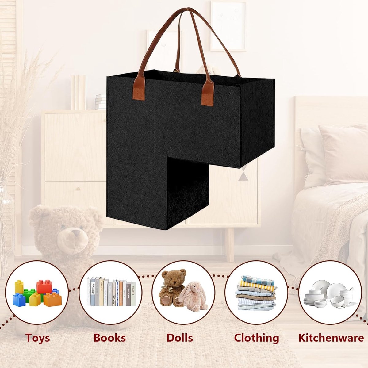 Stair Organizer Basket - Stair Basket - L-shaped Foldable Stair Basket - Storage Bag - Felt Stair Basket - Laundry Basket - Toy Basket - Household Items - for Laundry, Toys - 42*42*25.5 cm - Black - Image 2