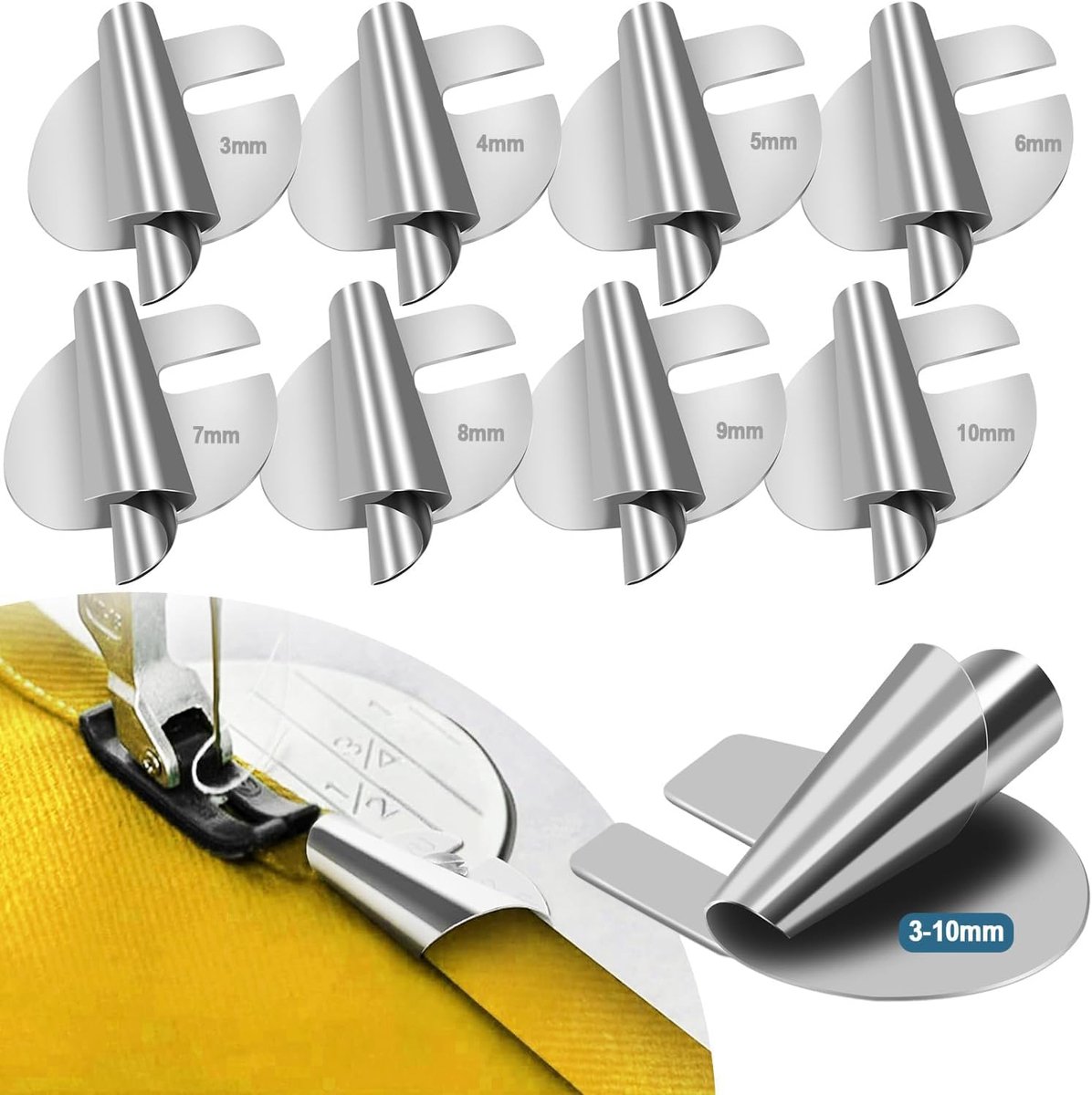 Hem feet - Rolled Hem Foot - Sewing machine accessories - Rolled Hem Presser Foot - Hemmer foot - sewing machine presser foot - sewing accessories - with 8 sizes - Stainless Steel Rolled Hem Presser Foot - for home use - 3-10 mm - silver - Image 1