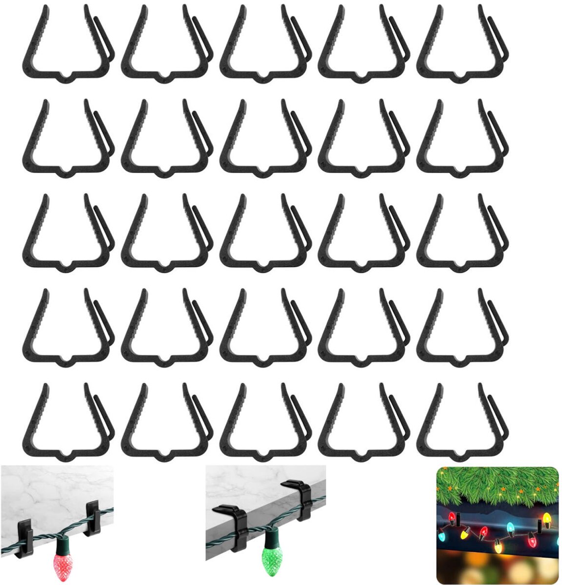 30 pieces - Christmas lighting clips - Light clips - Plastic clips - Lighting hooks - Party lighting clamps - festive string lights clips - hooks - for party decoration, gutter, fencing, roof edge - 49*42*13.7 mm - black - Image 1