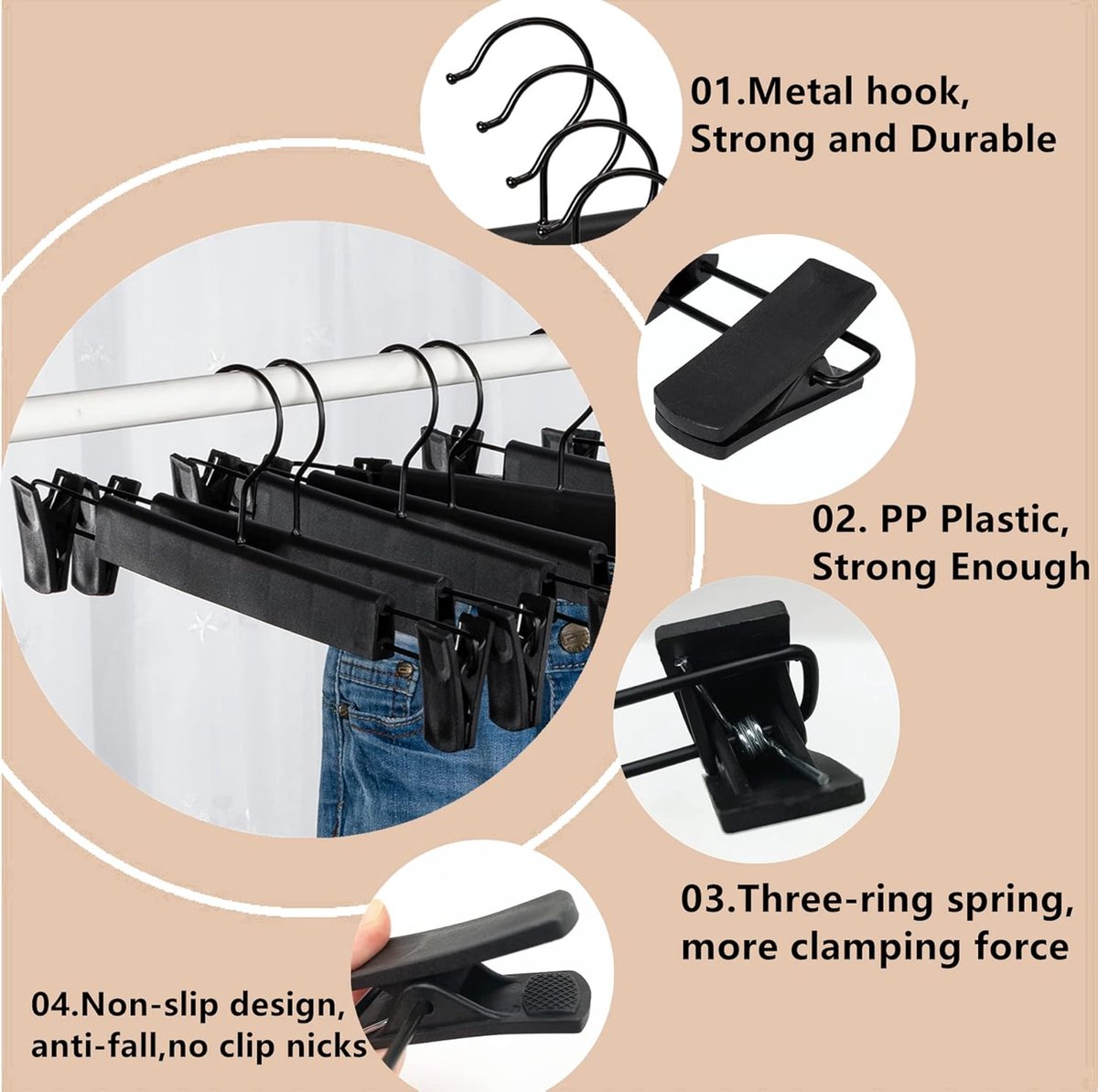 Clothes Hangers - 20 Pieces - Trouser Hangers - Trouser Hangers with Clips - Garment Hangers - Skirt Hangers - Non-Slip Hanger with Clips - Clothes Rack/Coat Rack/Jacket/Trouser Hanger - Space-Saving - Adjustable Clip Hangers, Garment Coat Clothes Jeans H - Image 3