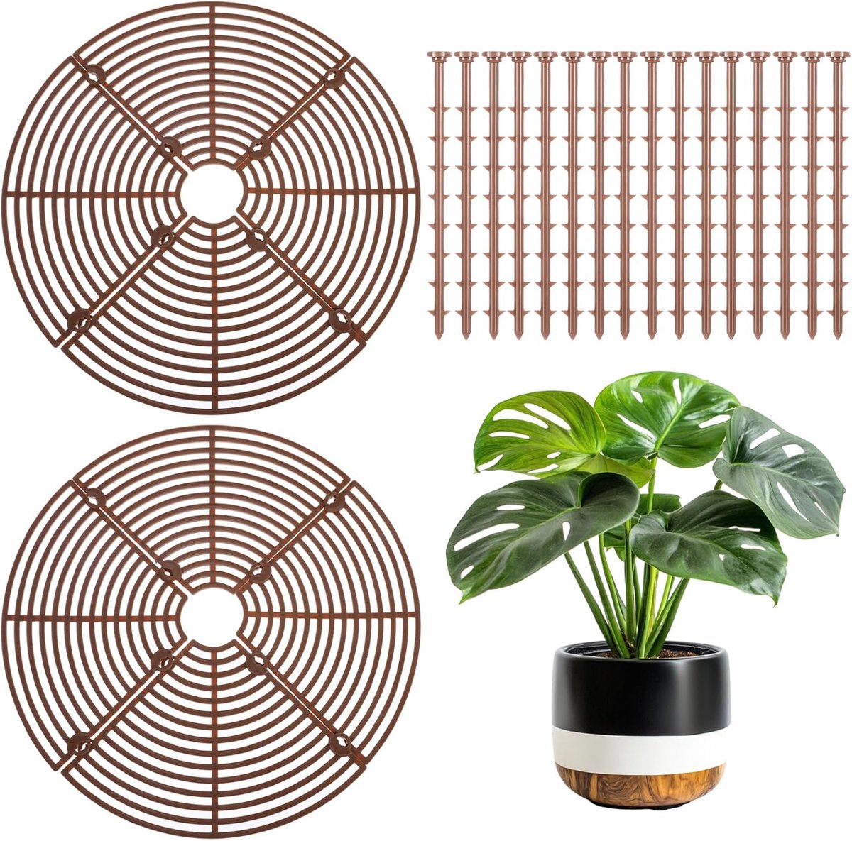 2 pieces - plant pot cover - 30 cm - Flowerpot grid - planter cover set - plantpot grid bottom protectors - with 16 posts - plant covers - for indoor and outdoor gardening - plant protectors - keeps cats and squirrels out of the flowerpot - brown - Image 1