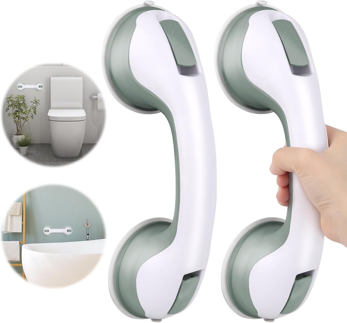 Set of 2 suction cup grab bars - Safety grab bars with suction cup for the shower - Extra handles - No drilling required - Safety grab bars - For the elderly and people with disabilities - Shower holder - White-green - Image 1