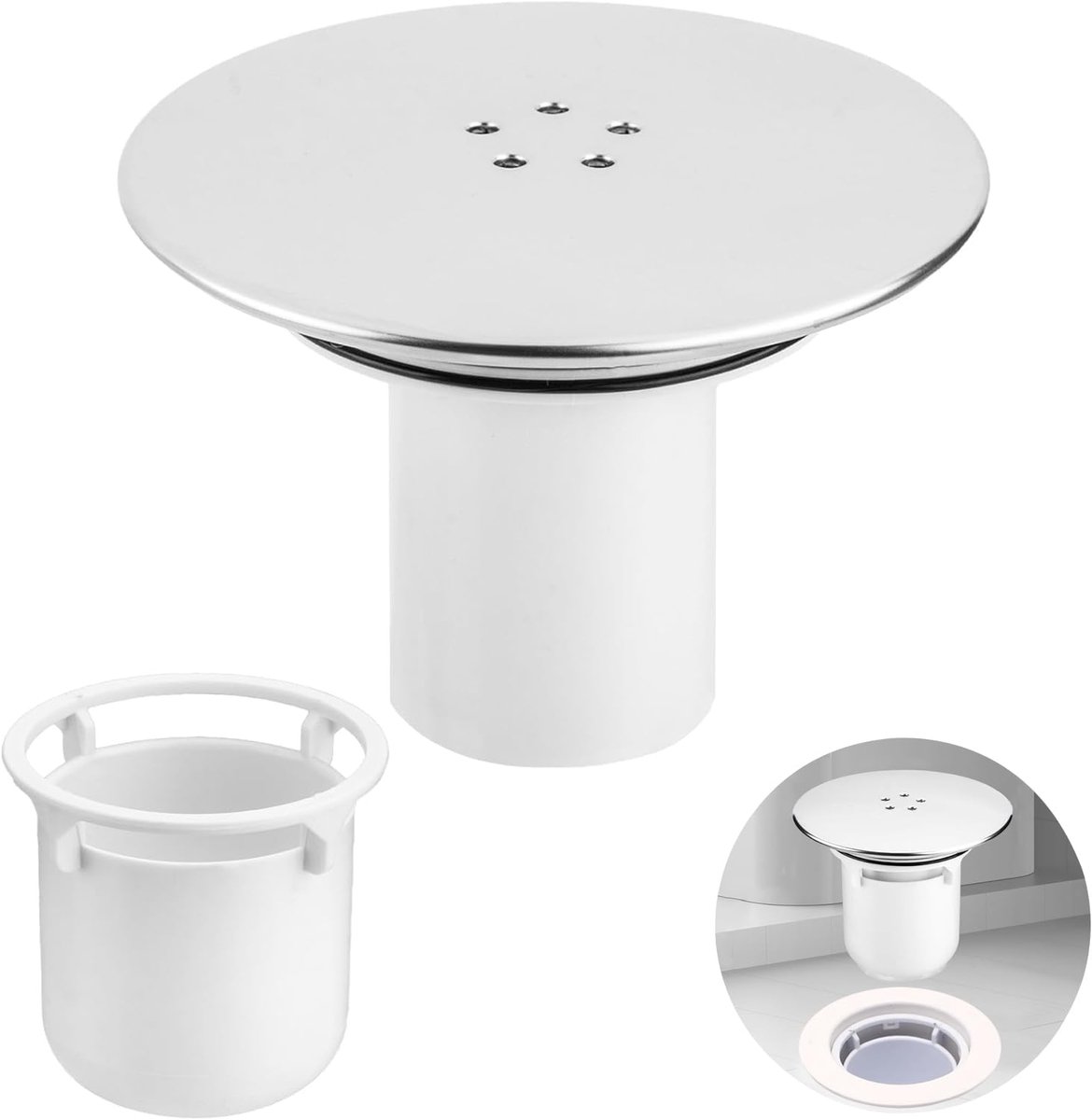 Shower Drain Cover - Chrome Shower Drain - Hair Drain Covers - 90 mm / 115 mm - Removable Top Piece - Fast Flow - Bathroom Drain - Bathroom Accessories - White - Image 1
