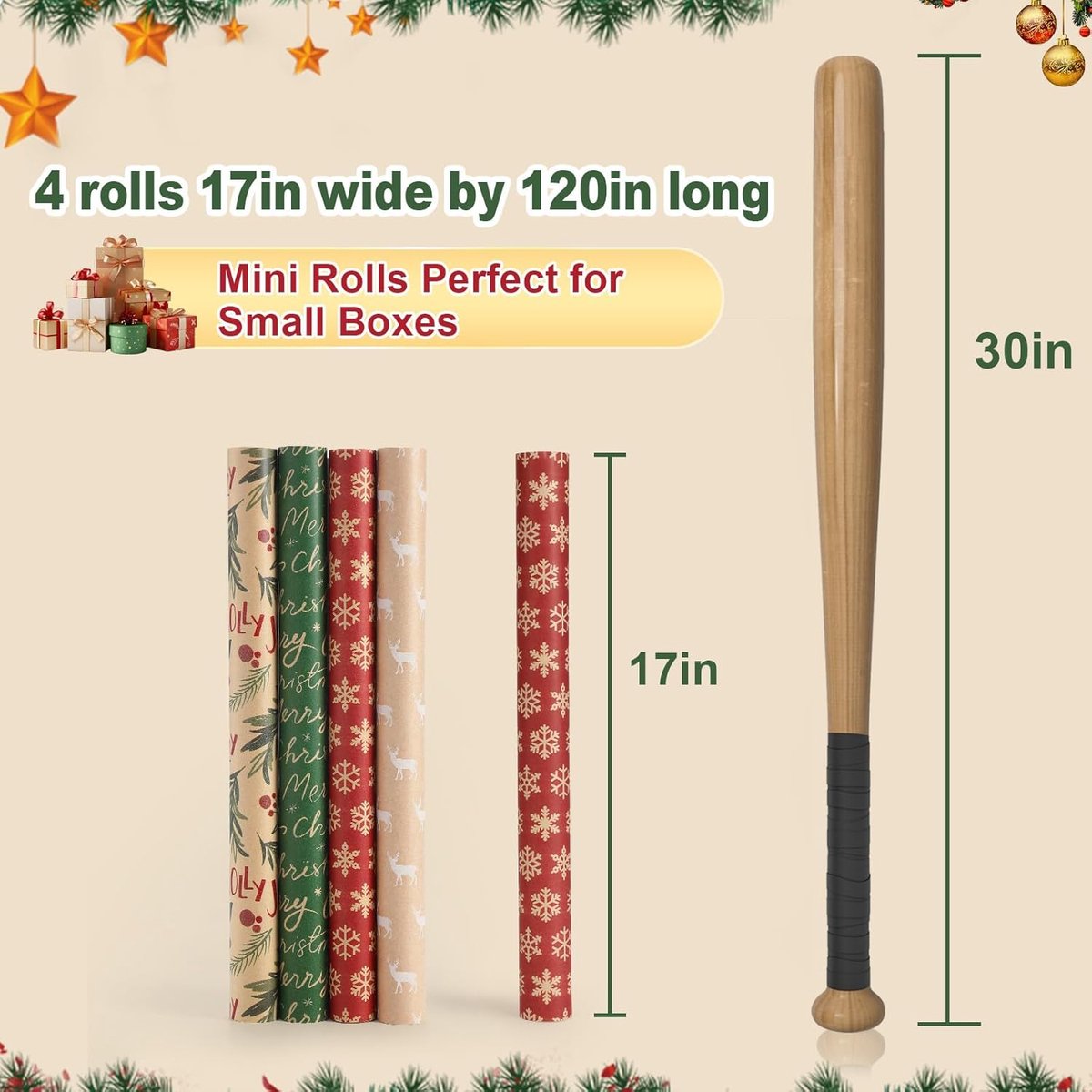 Wrapping paper - Christmas wrapping paper - Christmas gift paper - Wrapping paper with figures - 43 x 300cm - 4 rolls - Christmas paper wrapping paper for Christmas - Christmas paper wrapping paper for children - gift paper - Kraft gift paper - Christmas - Image 3