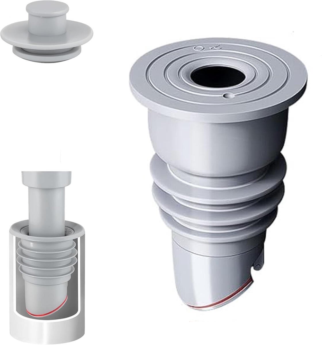 Washing machine drain plug - Sealing ring - suitable pipe inner diameter 35-40 mm - Drain plug - Sewer seals - Floor drain plug cover - drain pipe seal - anti-odor drain seal - with lid - for home, kitchen and bathroom - grey - Image 1