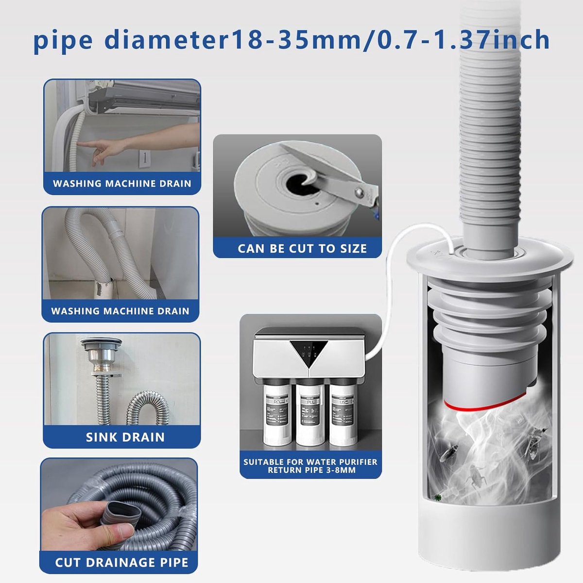 Washing machine drain plug - Sealing ring - suitable pipe inner diameter 35-40 mm - Drain plug - Sewer seals - Floor drain plug cover - drain pipe seal - anti-odor drain seal - with lid - for home, kitchen and bathroom - grey - Image 4