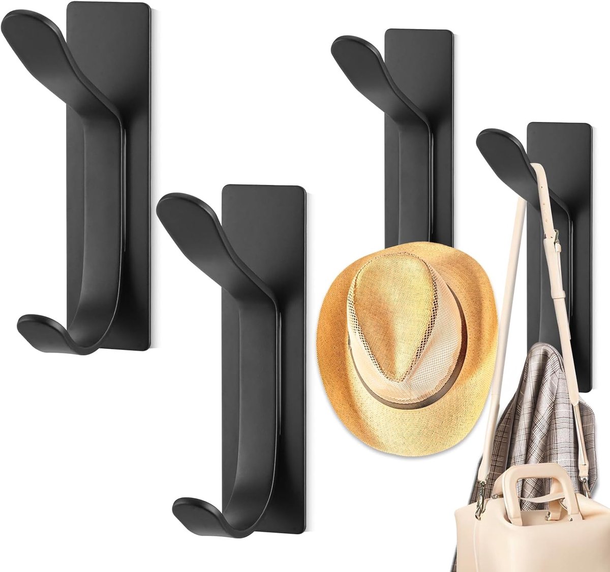 Pieces Wall-Mounted Coat Rack - No Drilling Required - Black Solid Wall Hook - Self-Adhesive Coat Hooks - Stainless Steel Towel Hanger for the Bathroom - Hanging Hooks - Double Hook Design Coat Rack - Wall / Coat Rack Hooks - Black - Image 1