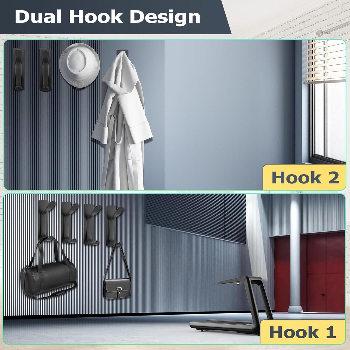 Pieces Wall-Mounted Coat Rack - No Drilling Required - Black Solid Wall Hook - Self-Adhesive Coat Hooks - Stainless Steel Towel Hanger for the Bathroom - Hanging Hooks - Double Hook Design Coat Rack - Wall / Coat Rack Hooks - Black - Image 2