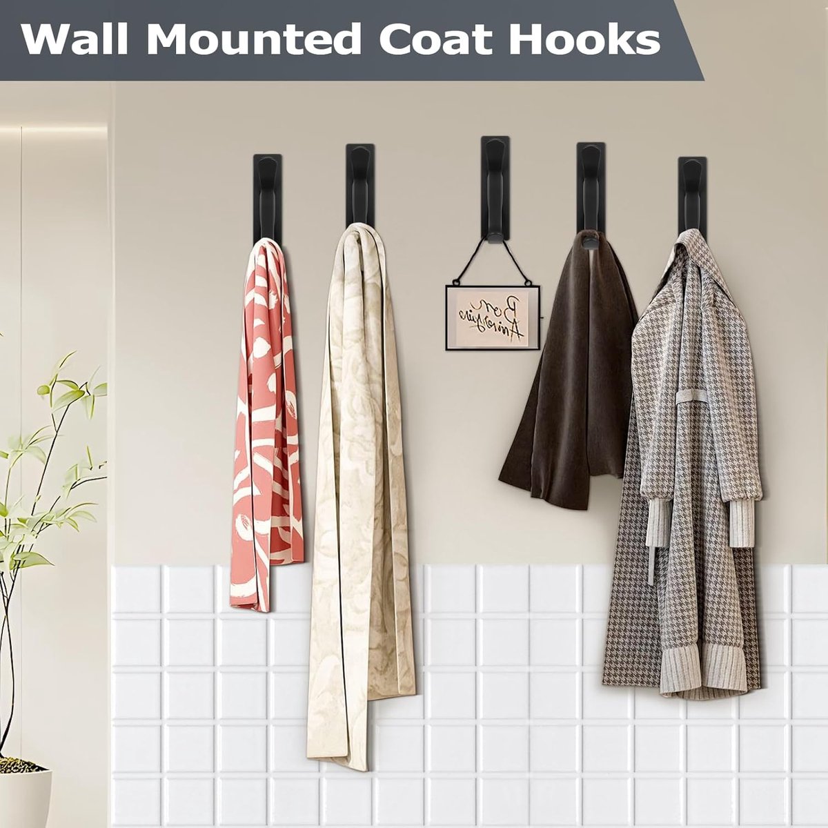 Pieces Wall-Mounted Coat Rack - No Drilling Required - Black Solid Wall Hook - Self-Adhesive Coat Hooks - Stainless Steel Towel Hanger for the Bathroom - Hanging Hooks - Double Hook Design Coat Rack - Wall / Coat Rack Hooks - Black - Image 4