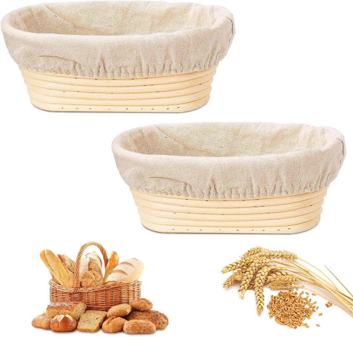 2 pieces - Bread proofing basket - Small proofing basket - Oval bread proofing basket - sourdough proofing basket - small proofing basket - proofing bowls - baking accessories - rattan storage bowl - lined - for professional and home bakers - oval - 25*15 - Image 1