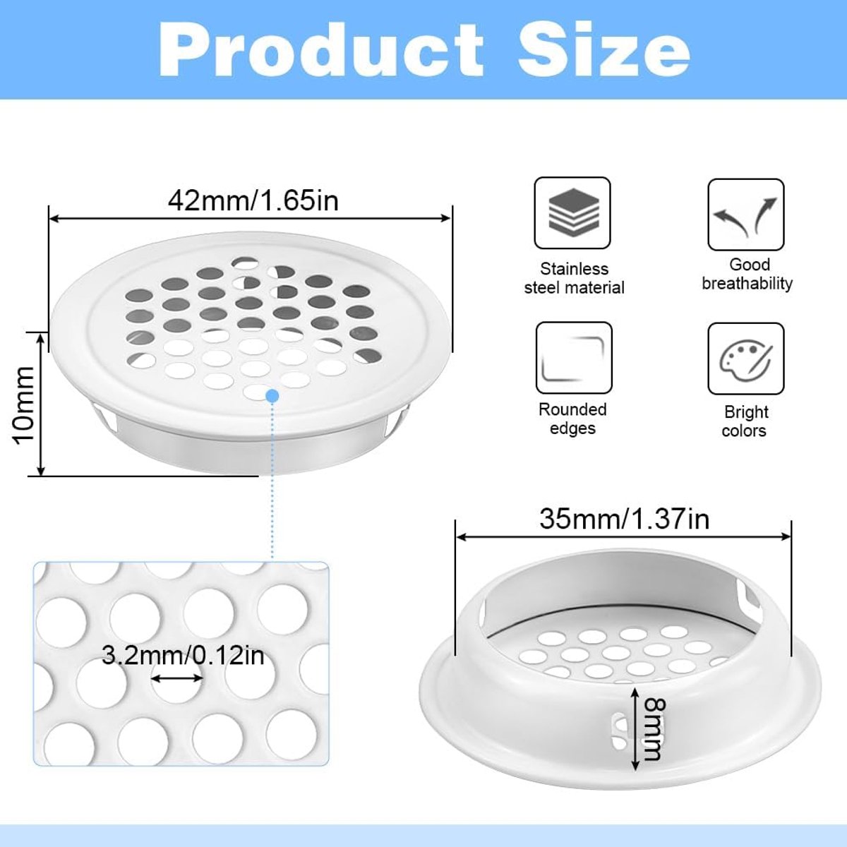 20 pieces - ventilation grilles - 35mm - round ventilation grilles - stainless steel ventilation openings - stainless steel exhaust ventilation grilles - round ventilation grille - round mesh openings - for furniture, kitchens, wardrobes and cabinets - wh - Image 5