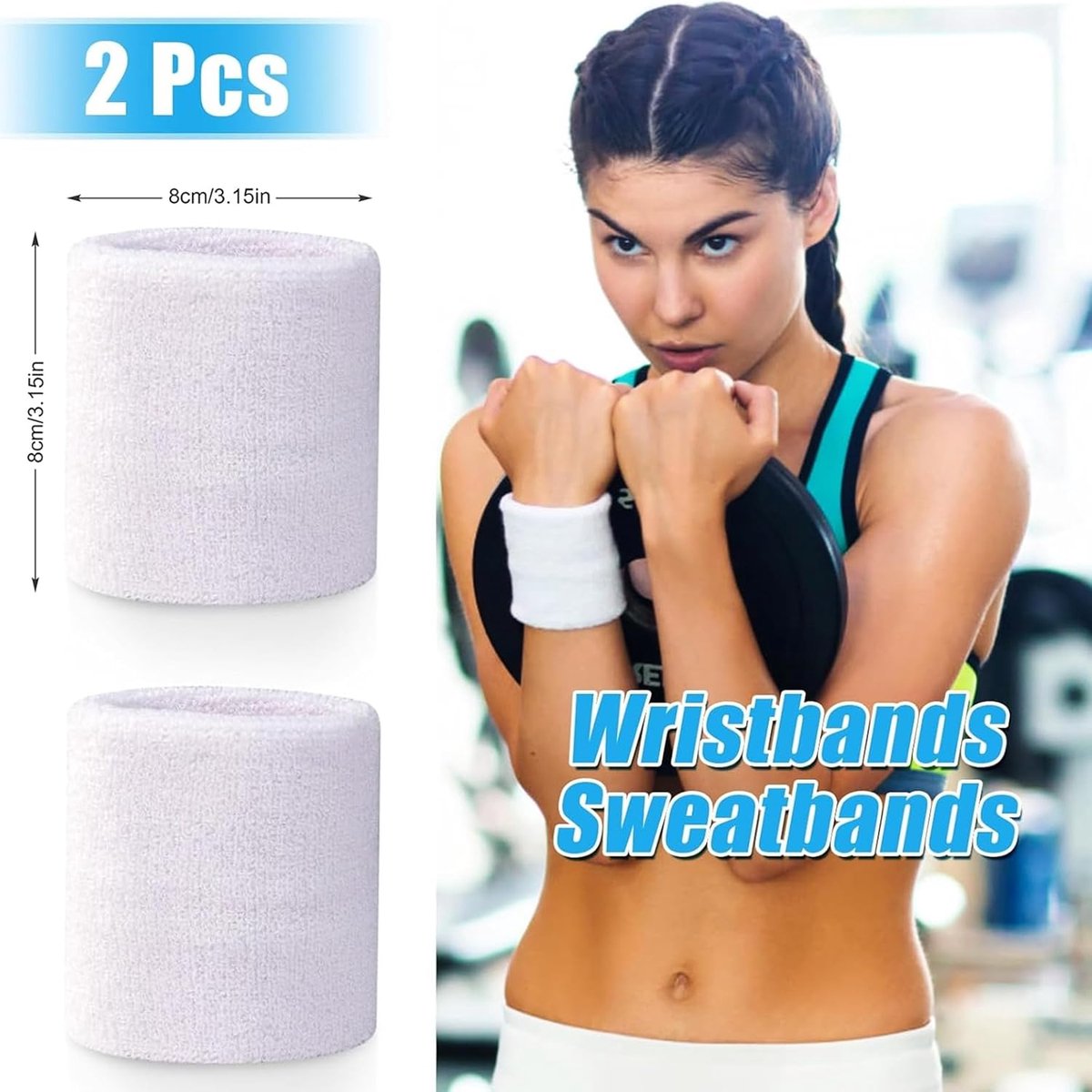 Sports wristband - 2 pieces Sweatbands - Sweatbands - Wrist - Wristbands - Wristbands - wrist headband - sports wristband - sports soft cotton wrist headband - absorbent terry cloth cuff - for gym tennis running basketball - White - Image 2