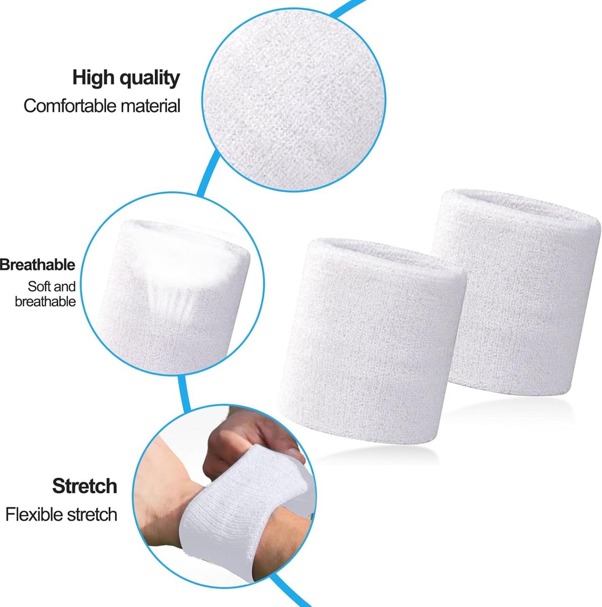 Sports wristband - 2 pieces Sweatbands - Sweatbands - Wrist - Wristbands - Wristbands - wrist headband - sports wristband - sports soft cotton wrist headband - absorbent terry cloth cuff - for gym tennis running basketball - White - Image 4