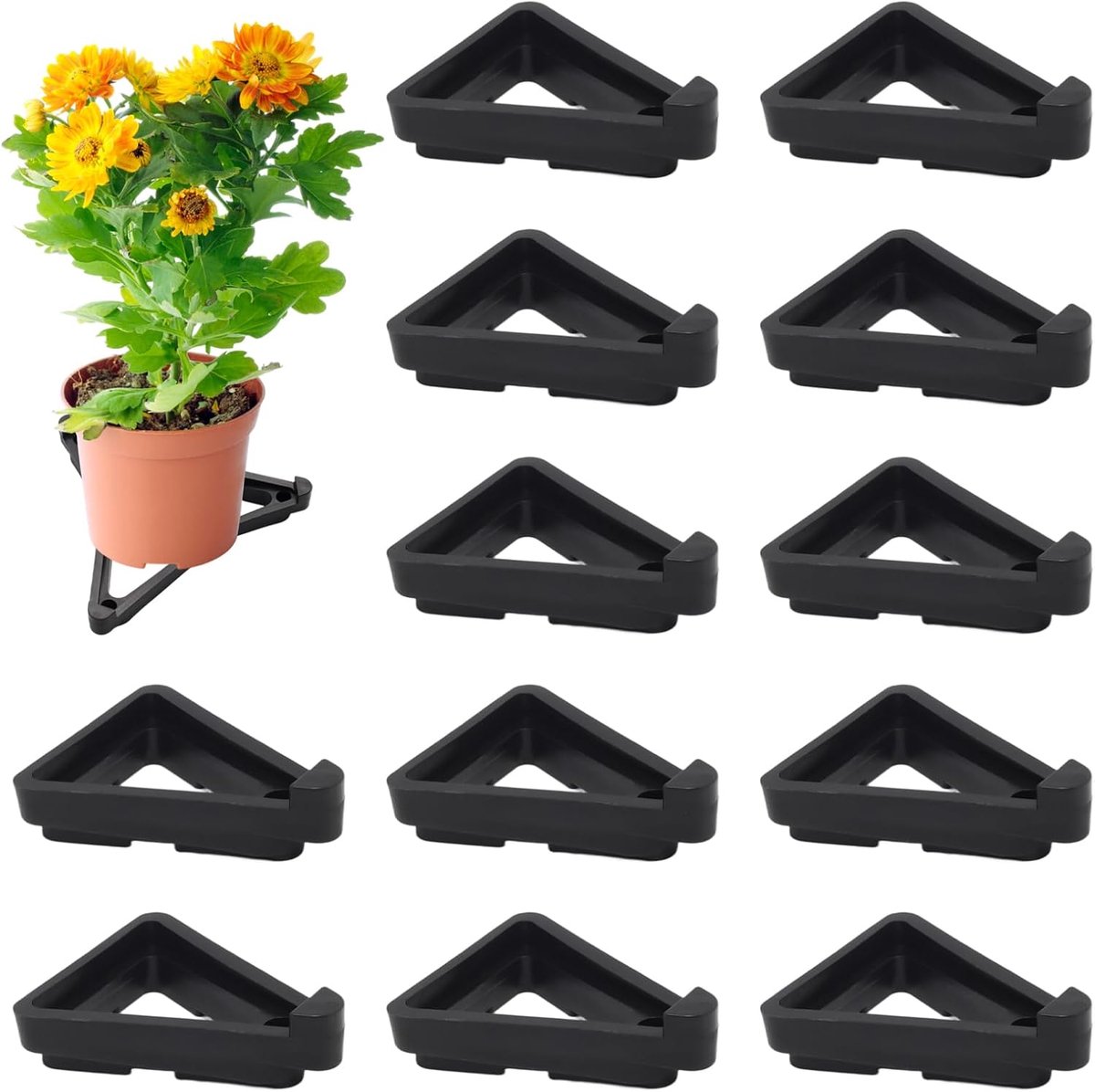 12 pieces - Flowerpot feet - Pot feet - Plant supports - Planter coasters - Flowerpot lifters - Triangular Planter Feet - Flowerpot risers - Non-slip - Breathable - Flowerpot feet - for Outdoor Plant Pots and Flowers - 7*5.5*2 cm - black - Image 1