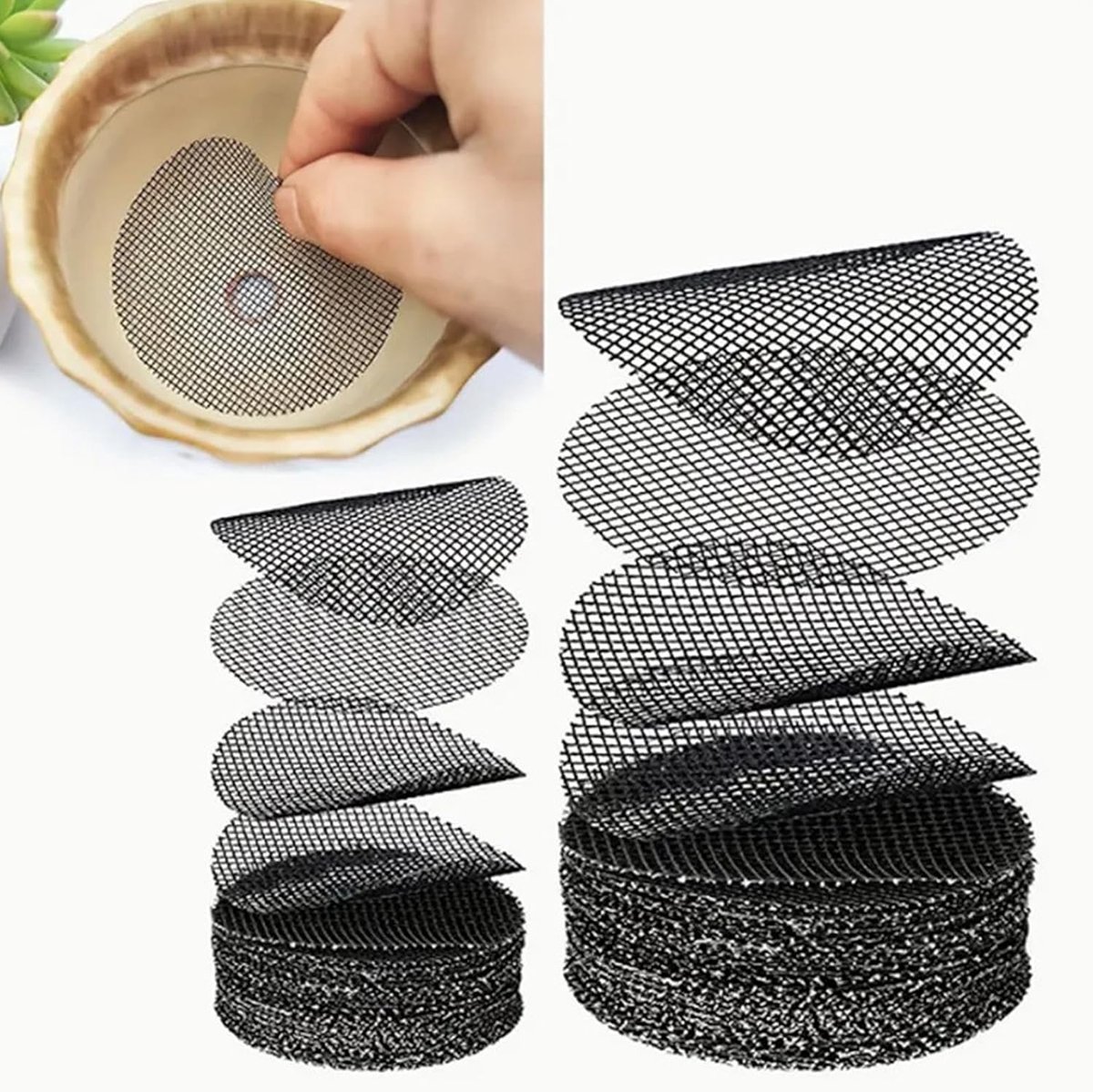 100 pieces - Round flowerpot mat - flowerpot mat - mesh garden mat - plant pot bonsai soil grid - for garden - prevents soil loss - drainage screens - 4.5 cm and 10 cm, 50 pieces each - black - Image 1