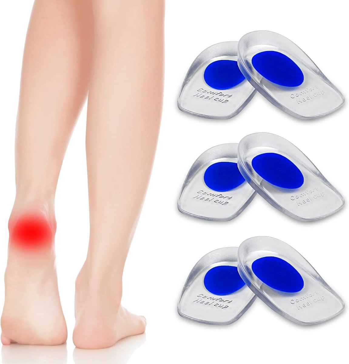 3 pairs - gel heel cushions - heel spur insoles - heel protectors - silicone heel spur - arch supports - insoles - heel raise - heel elevation - heel cushions - heel insoles - foot pain relief - Size 33-39 - S - 10.3*6.4*1.6cm - blue - Image 1