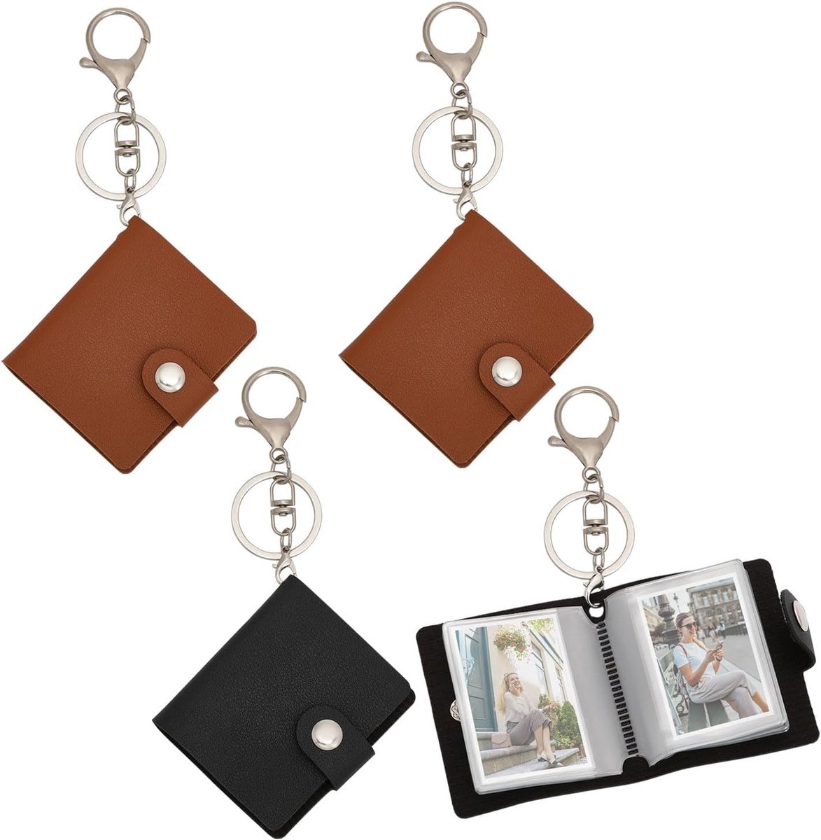 4 pieces - Mini photo album - 2 inch - Photo album - keychain - mini retro photo album - with lobster claw clasps and keychains - Each book can hold 20 photos - 10 pages - for a family and friends party keepsake - black, brown - Image 1