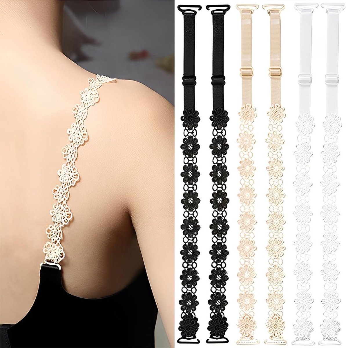 bra straps - 3 pairs - replacement bra straps for women - elastic bra shoulder straps - lace floral bra straps - non-slip bra straps - adjustable elastic shoulder pads - Image 1
