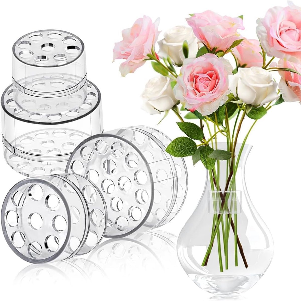 4 pieces - Bouquet Twister - Flower Holder - Rotating Flower Holder - Reusable Flower Holder - Stem Holder - Flower Arranging - DIY Flower Arrangement Stand - Flower Arranging Tools - Bouquet Supplies - 9 holes/19 holes - Transparent - Image 1