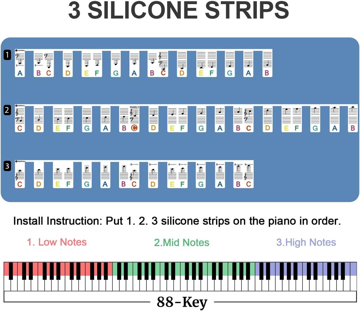 Piano/Keyboard Stickers - 88 keys - Removable Piano Key Stickers - piano stickers - Silicone - learn to play strip - Piano key stickers - Reusable - removable - with numbers - Easily Learn Music Notes - for beginners - Image 2