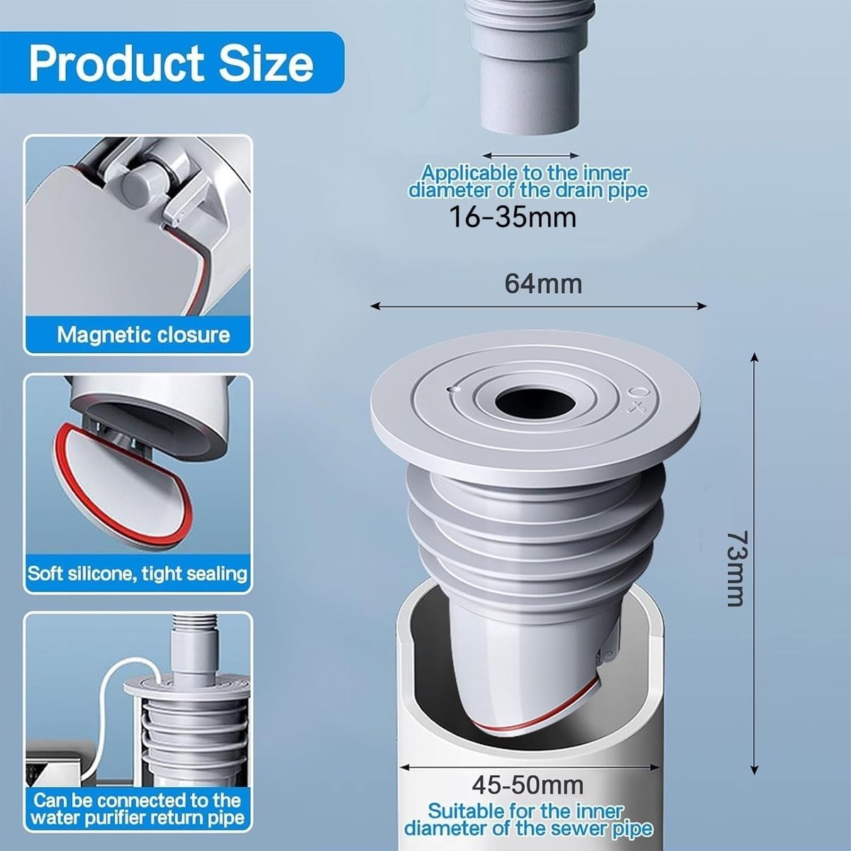 Washing machine drain plug - Sealing ring - suitable pipe inner diameter 45-50 mm - Drain plug - Sewer seals - Floor drain plug cover - drain pipe seal - anti-odor drain seal - with lid - for home, kitchen and bathroom - grey - Image 5