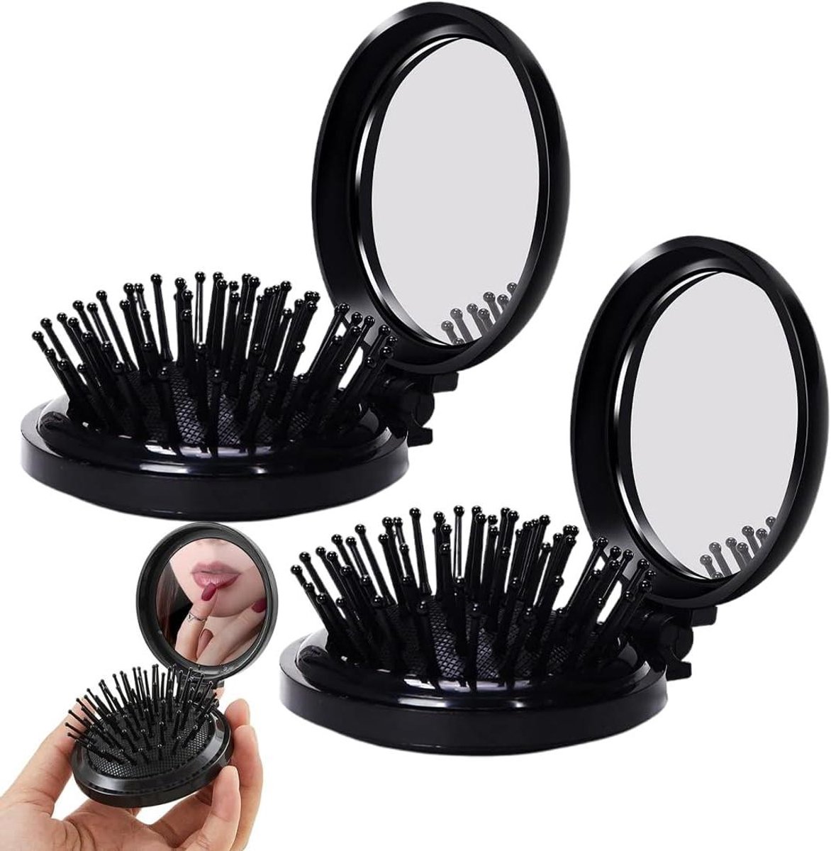 Allecto Plus - Set of 2 Foldable Travel Brushes with Mirror Portable Comb Pocket Massager for Men, Women, and Girls (Travel Size Mini Compact) - Image 1