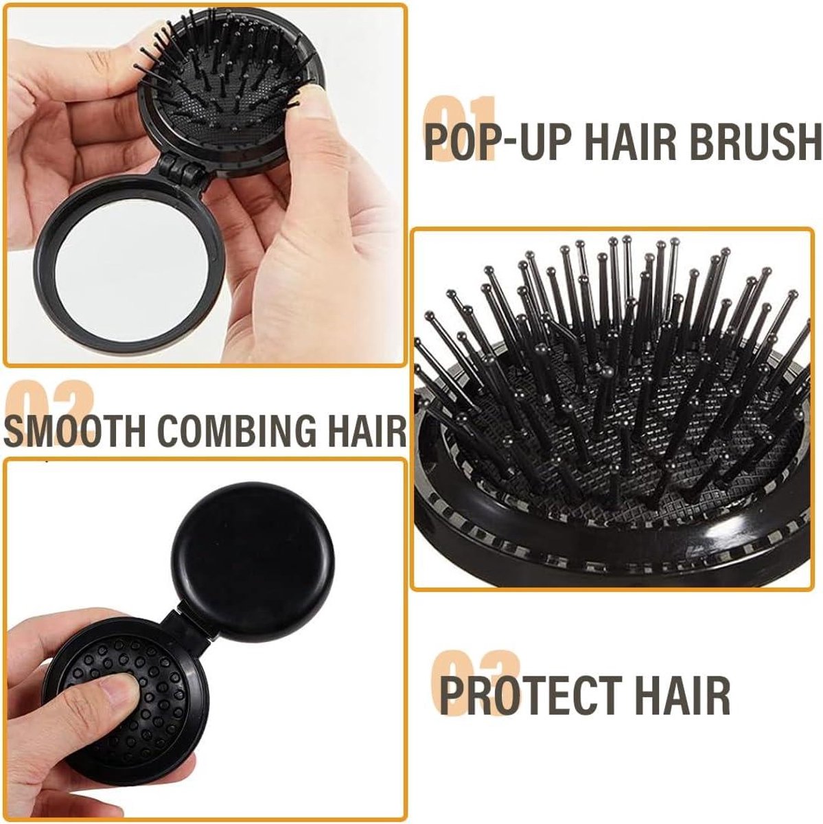 Allecto Plus - Set of 2 Foldable Travel Brushes with Mirror Portable Comb Pocket Massager for Men, Women, and Girls (Travel Size Mini Compact) - Image 2