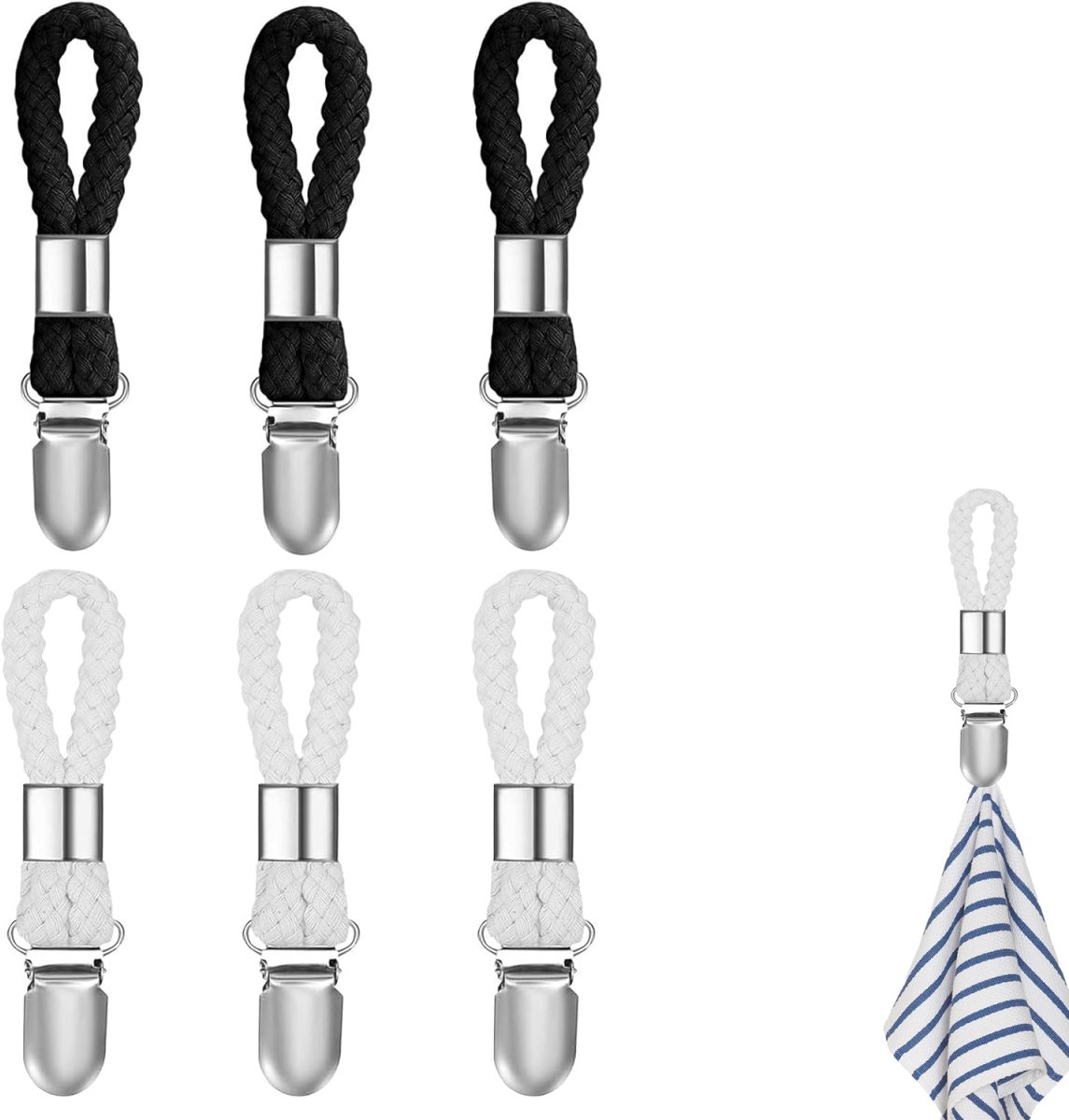 6 pieces - towel clips - bath towel clip - metal kitchen tea towel hooks - with woven cotton rope loop - for hanging tea towel holders in kitchen, bathroom, home - black and white - 11*2.3 cm - Image 1