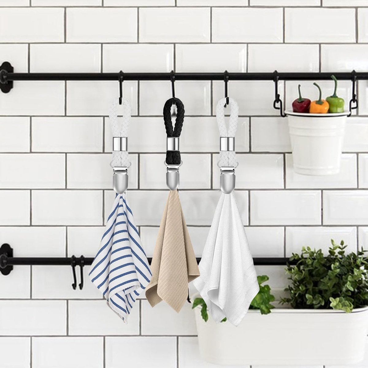 6 pieces - towel clips - bath towel clip - metal kitchen tea towel hooks - with woven cotton rope loop - for hanging tea towel holders in kitchen, bathroom, home - black and white - 11*2.3 cm - Image 5