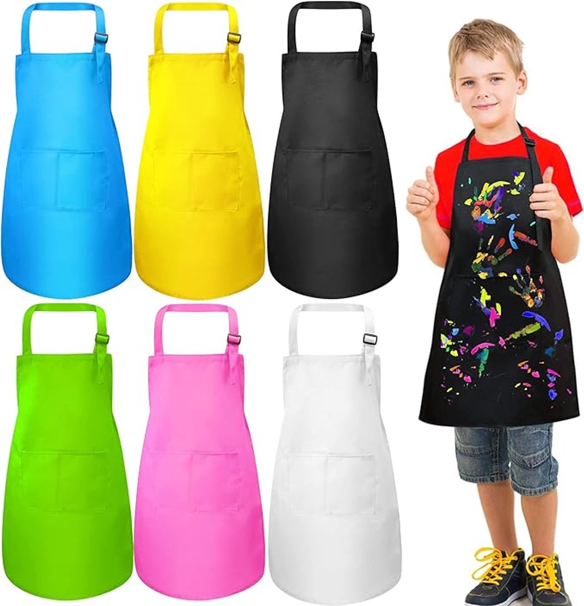 6x Children's Aprons - Children's Craft Apron - Kitchen Apron - Cooking Apron - Painting Apron - Adjustable - Painting Apron - Craft Apron - Children's Apron - For Baking, Gardening, Crafts, School, BBQ, Party - Size L, 6-14 Years - Image 1