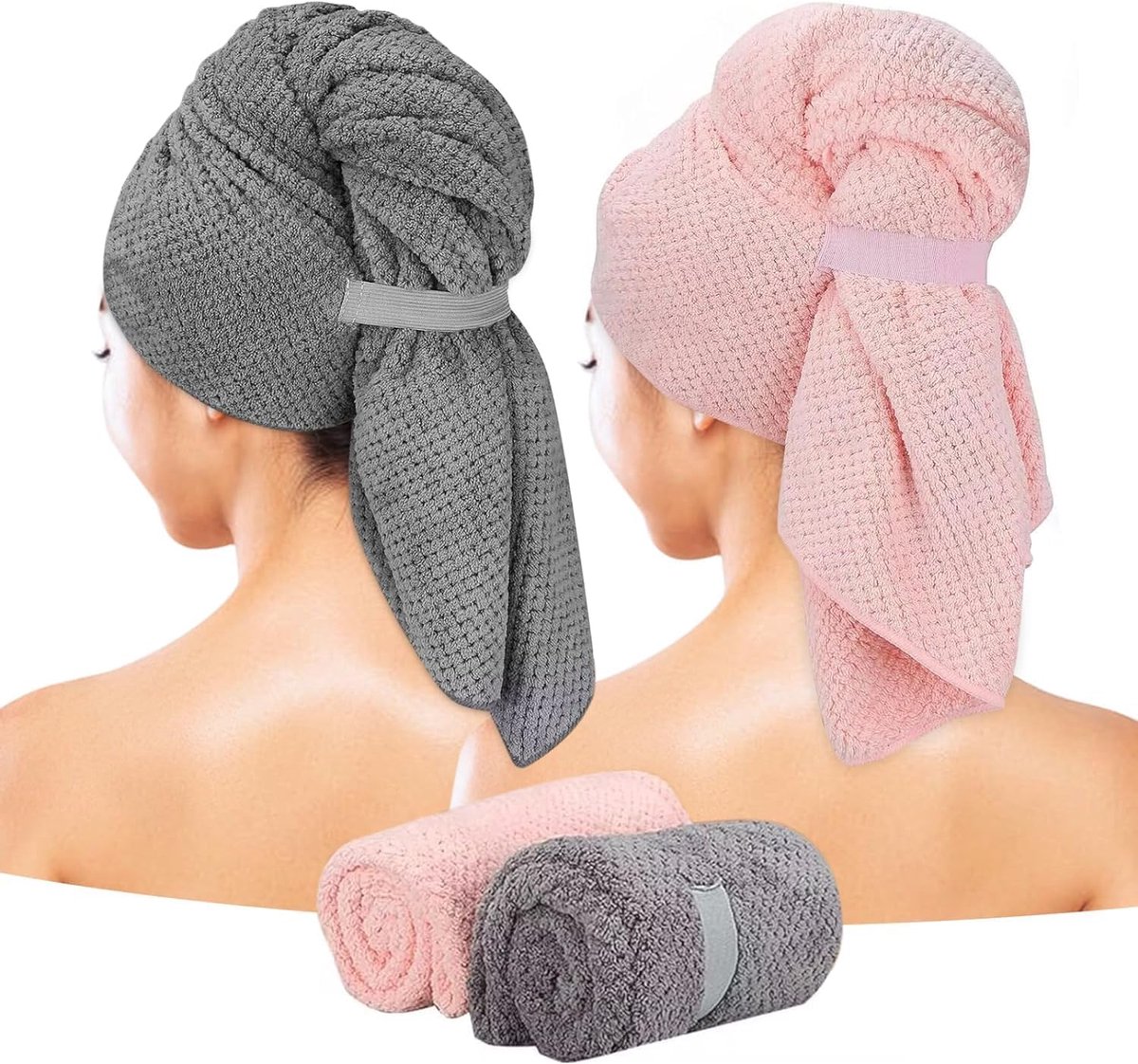2 pieces - Microfiber Hair Towel - Microfiber Drying Towels - Microfiber towels - Hair Drying Towel - Hair Towel - Fast-drying Headscarf - wet hair towels - dry hair towels - for wet hair, showering and make-up - 100*60 cm - pink, grey - Image 1