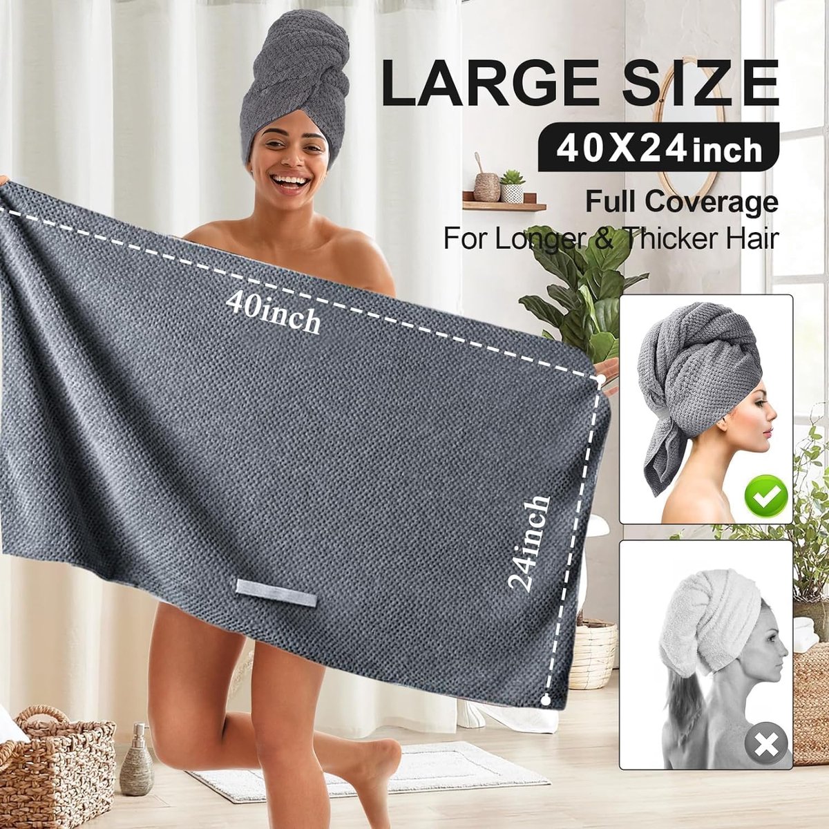 2 pieces - Microfiber Hair Towel - Microfiber Drying Towels - Microfiber towels - Hair Drying Towel - Hair Towel - Fast-drying Headscarf - wet hair towels - dry hair towels - for wet hair, showering and make-up - 100*60 cm - pink, grey - Image 2