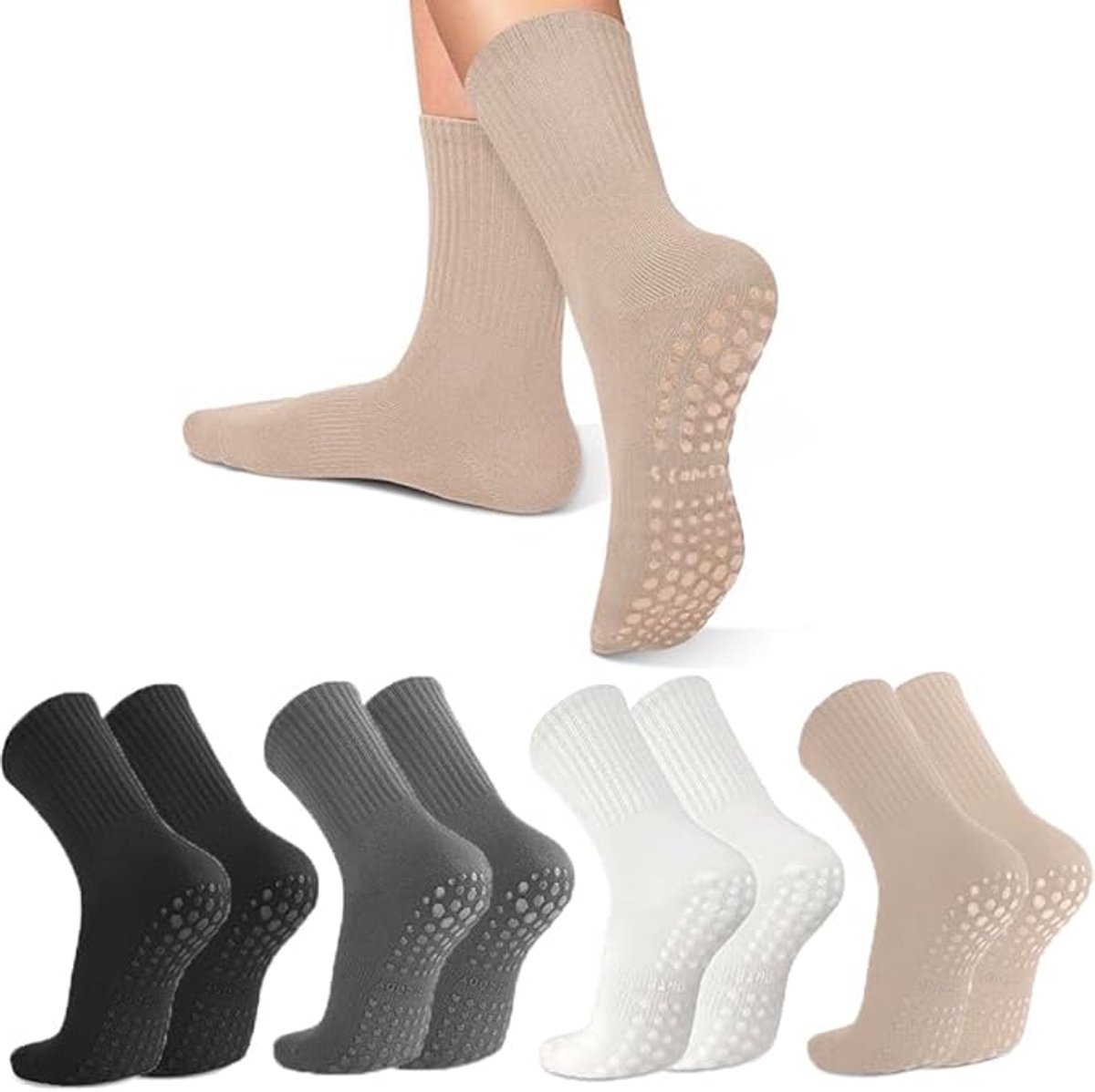 4 pairs - Yoga Socks - Pilates Socks - Non-slip Yoga Socks - Yoga Socks for women - sports socks - non-slip mid-tube socks - cotton pilates socks - breathable cotton socks - non-slip socks - for ballet, yoga, dance, pilates and fitness - Image 1