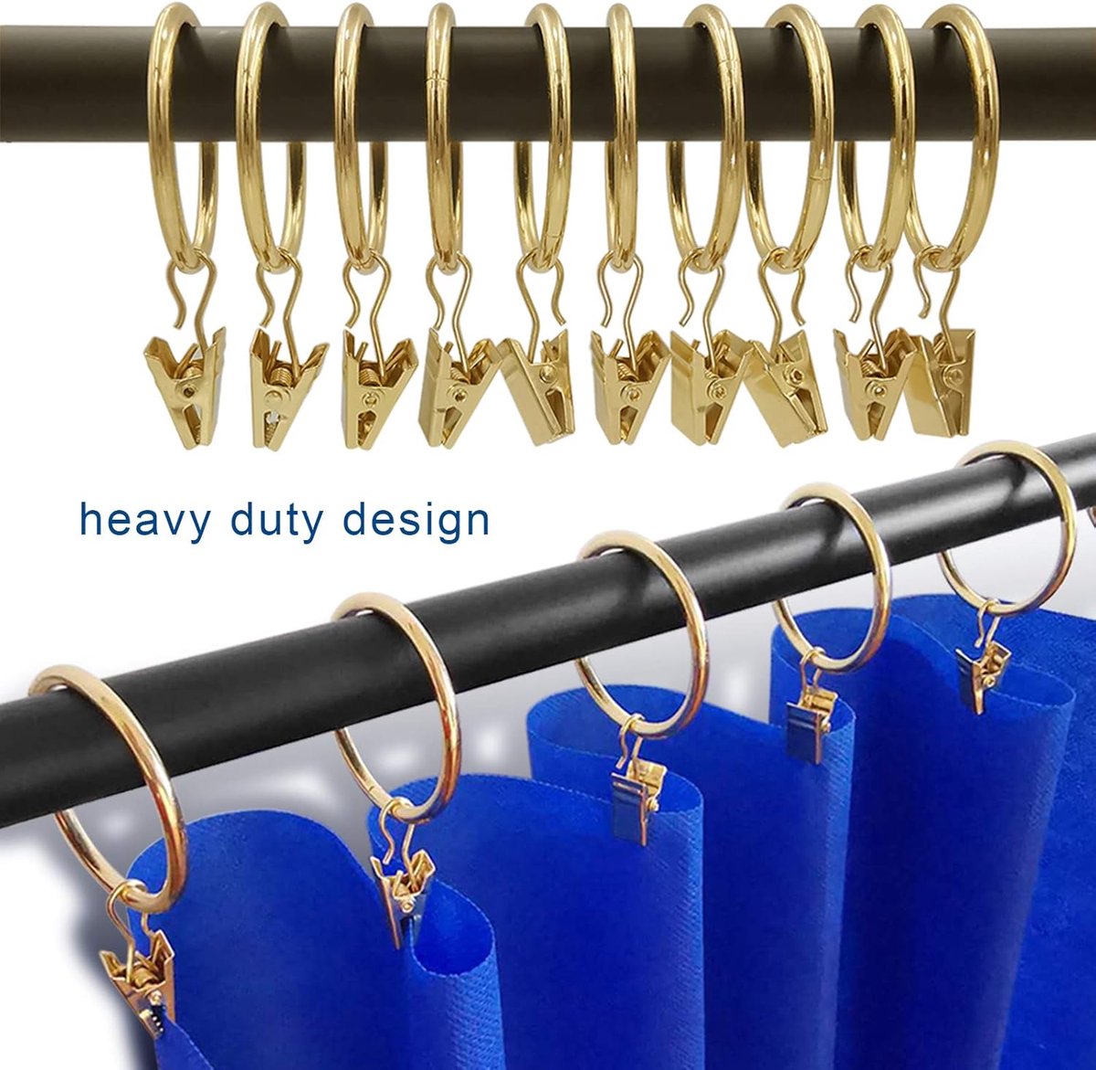 Metal Curtain Hooks with Clamps and Rings - 40 Pieces - Drapery Clip Hooks - Metal Curtain Rings - Decorative Curtain Rod Clips - Hooks - Shower Curtain Hanging Hooks with Clamp - Metal Curtain Rings with Clips - Gold - Image 3