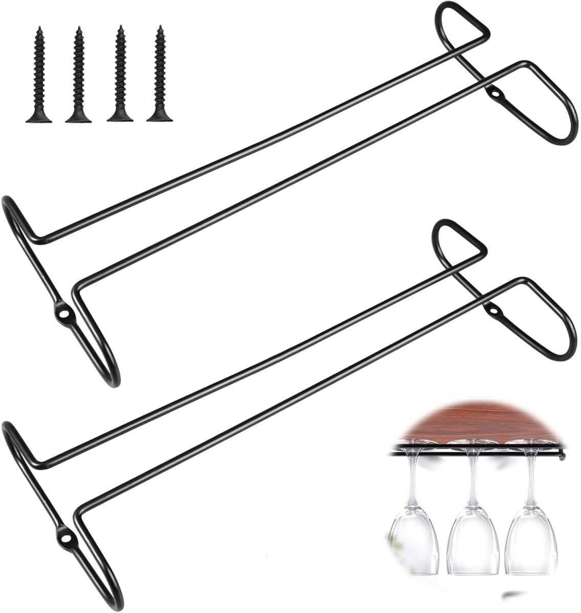 2 pieces - Wine glass holder - Glass hooks for shelf - Iron glass holder for glasses - Wall display holder - Hanging glass holders - Metal hanging glass holder - Display rack - hooks - for bars, wine cabinets, cupboards, restaurants - 26*11.5 cm - black - Image 1