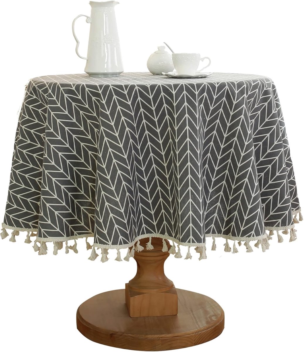 Round Tablecloth - Tablecloth with striped tassels made of cotton and linen - Washable Tablecloth - for table decoration in the kitchen and dining room - Round - 150 x 150 cm - Image 1