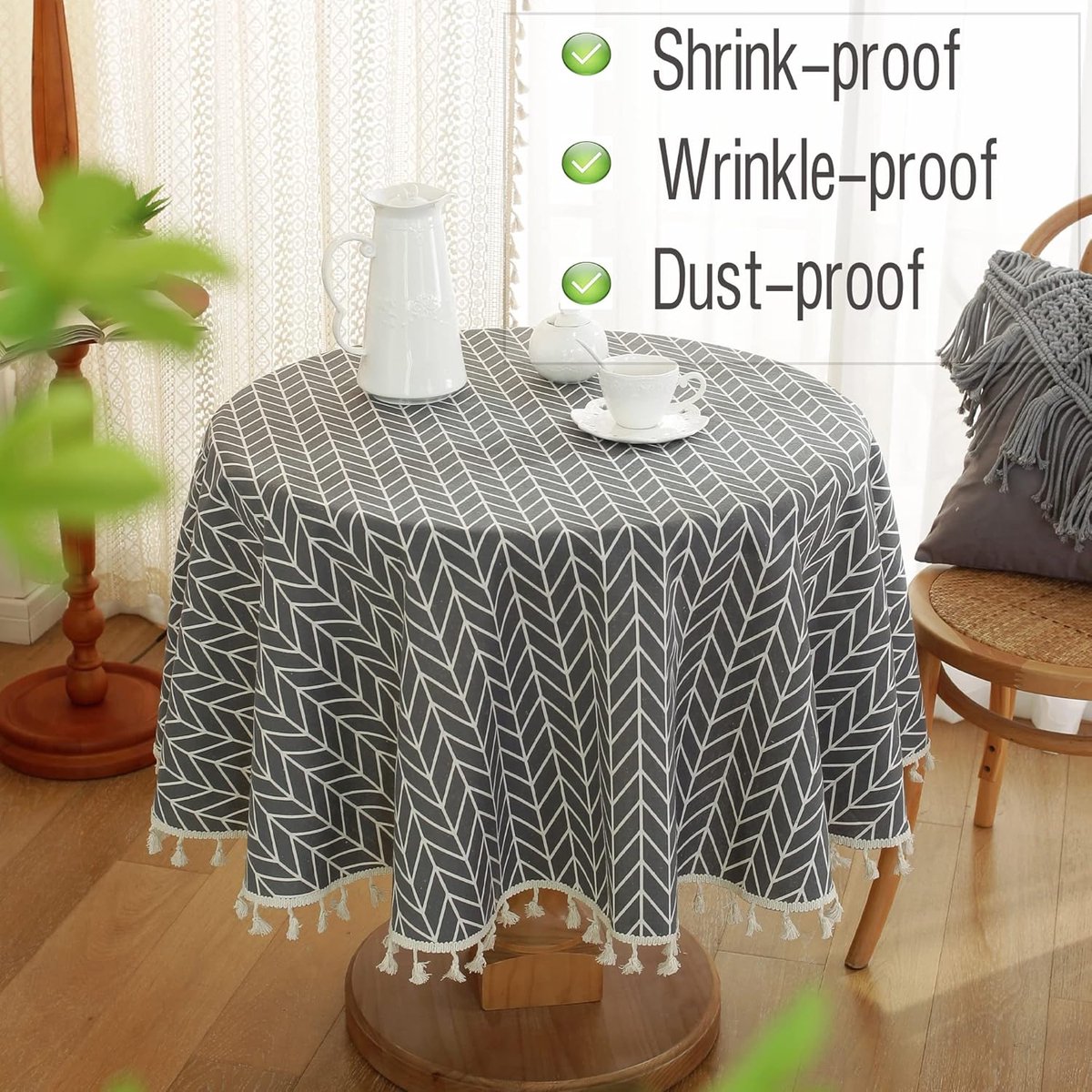 Round Tablecloth - Tablecloth with striped tassels made of cotton and linen - Washable Tablecloth - for table decoration in the kitchen and dining room - Round - 150 x 150 cm - Image 3